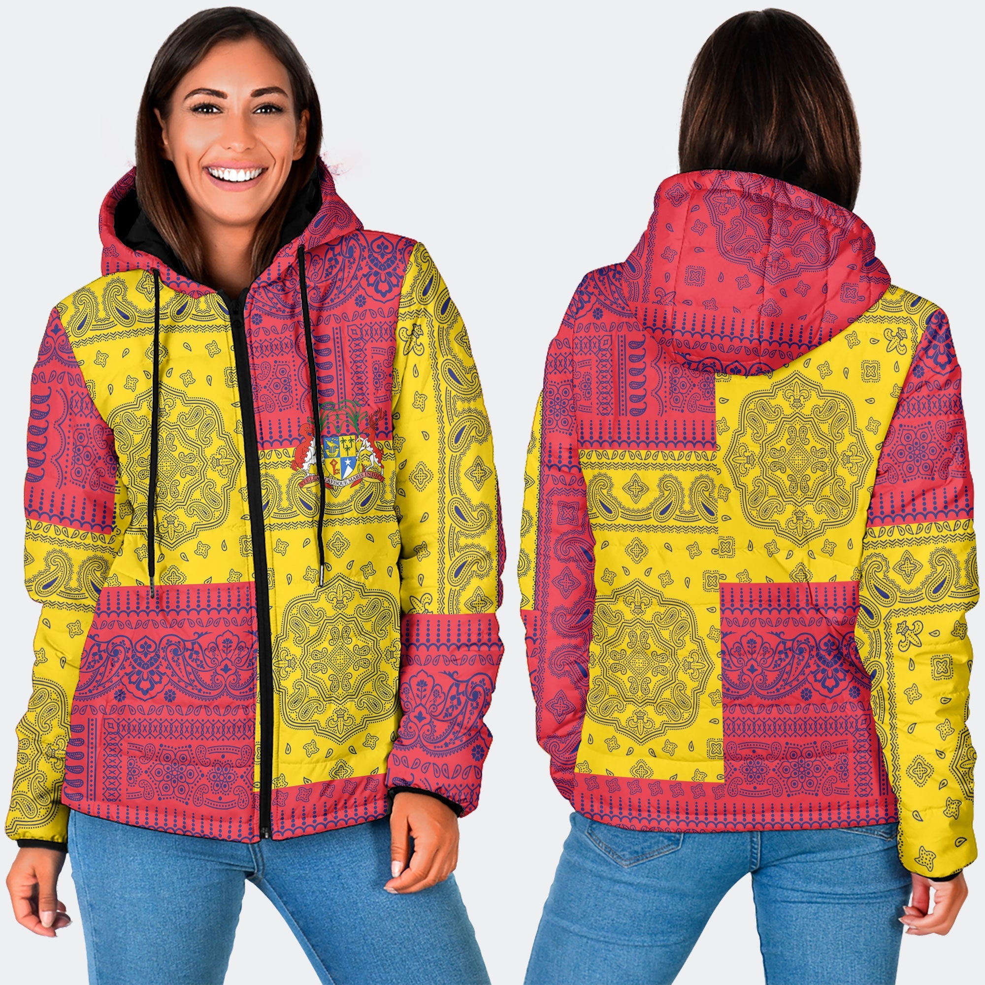 Mauritius Women Hooded Padded Jacket Flag And Paisley Basic Style 3