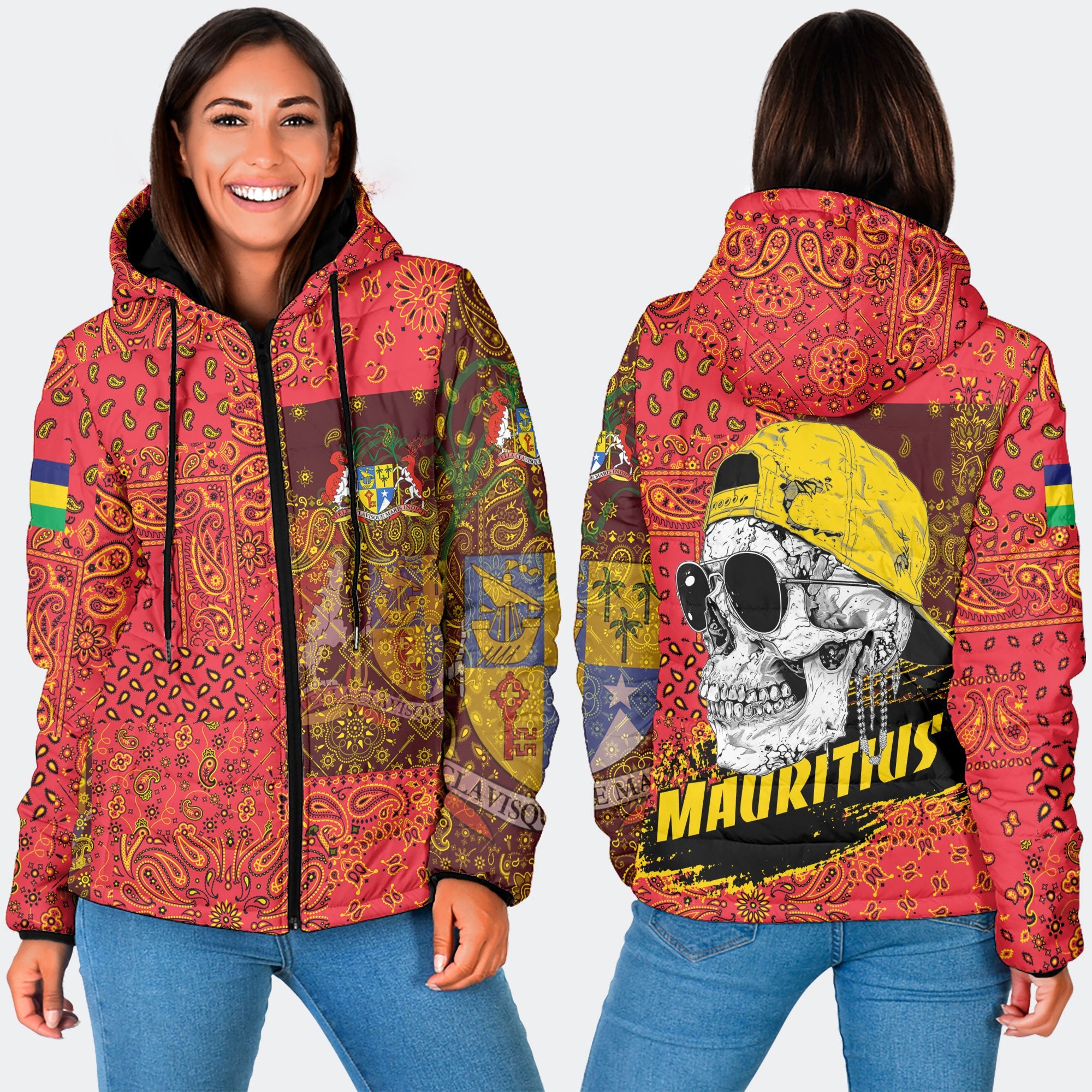 Mauritius Women Hooded Padded Jacket Paisley Flag And Skull Style 3