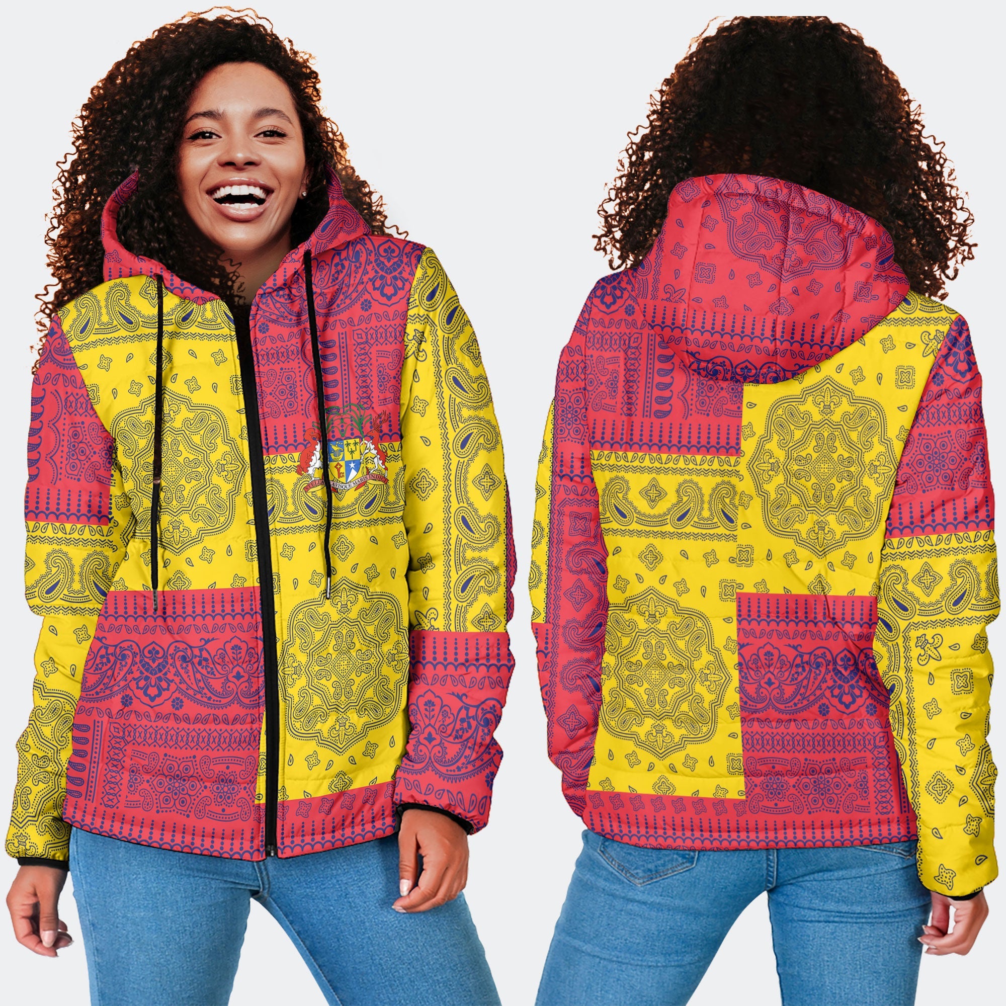 Mauritius Women Hooded Padded Jacket Flag And Paisley Basic Style 4