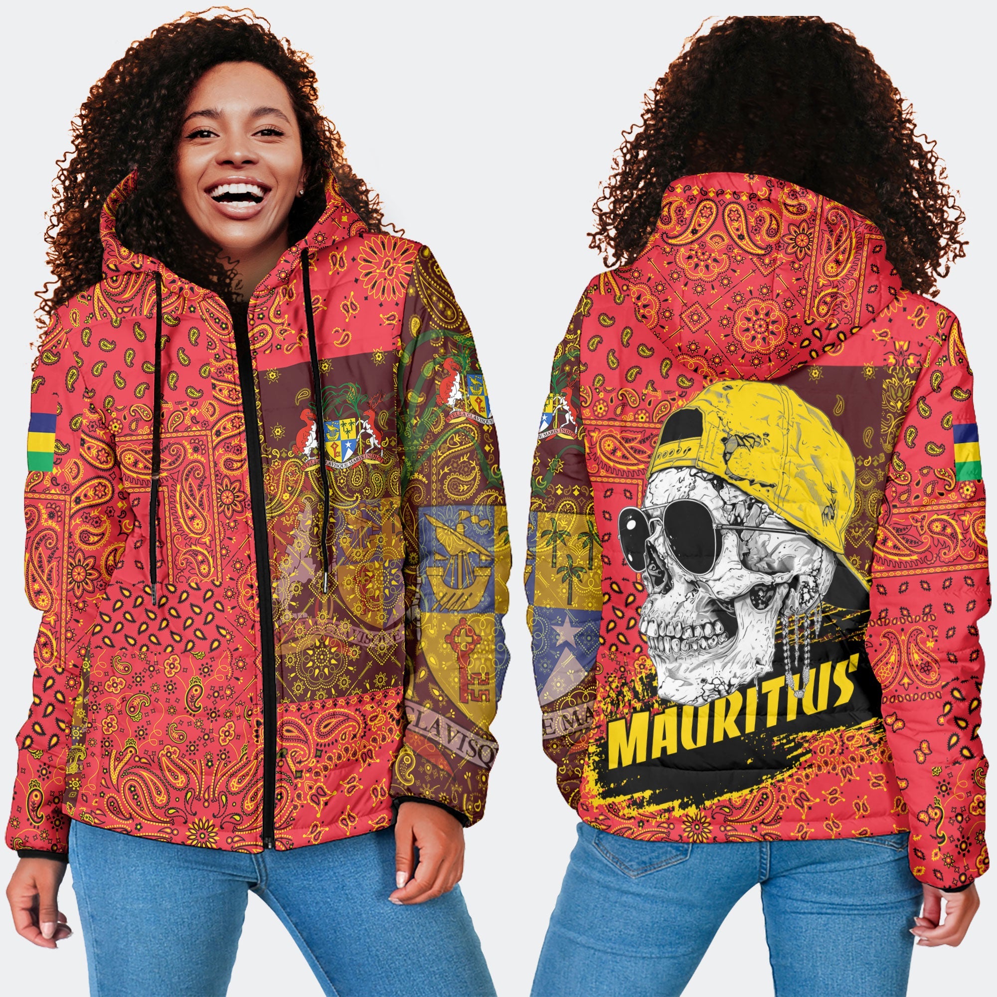 Mauritius Women Hooded Padded Jacket Paisley Flag And Skull Style 4