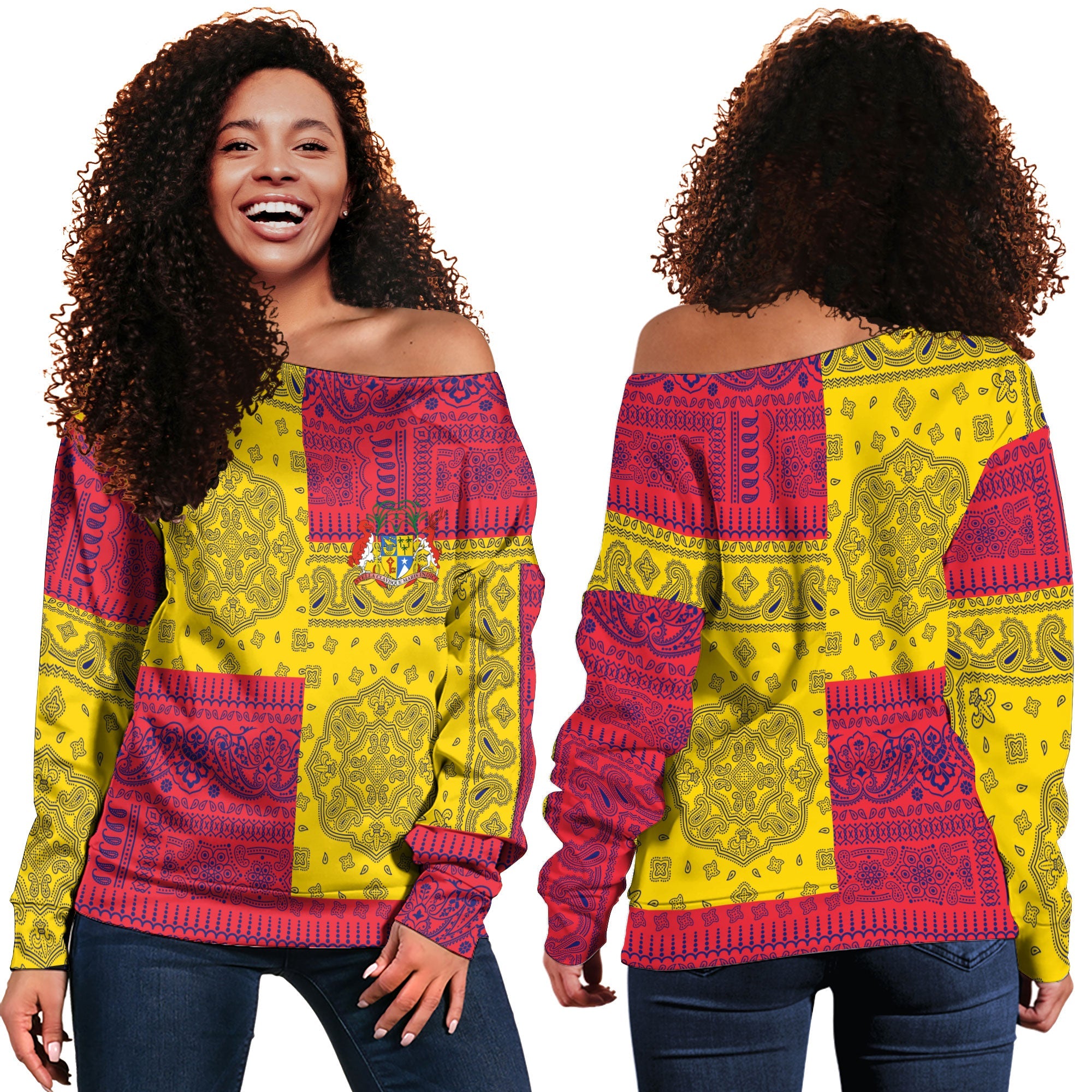 Mauritius Women Off Shoulder Sweatshirt Flag And Paisley Basic Style 1