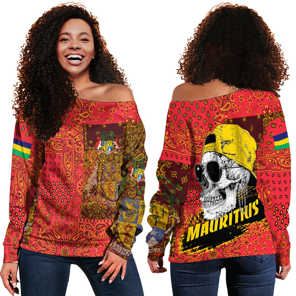 Mauritius Women Off Shoulder Sweatshirt Paisley Flag And Skull Style 1