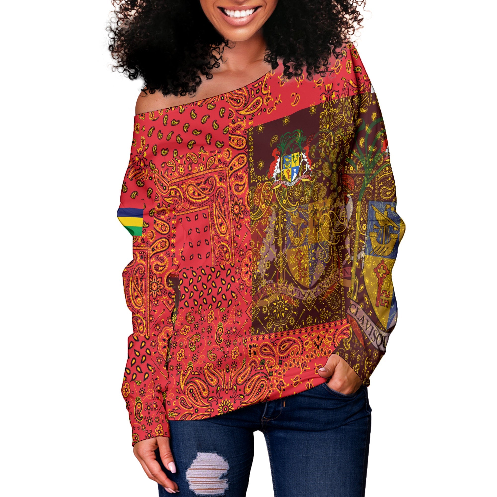 Mauritius Women Off Shoulder Sweatshirt Paisley Flag And Skull Style 2