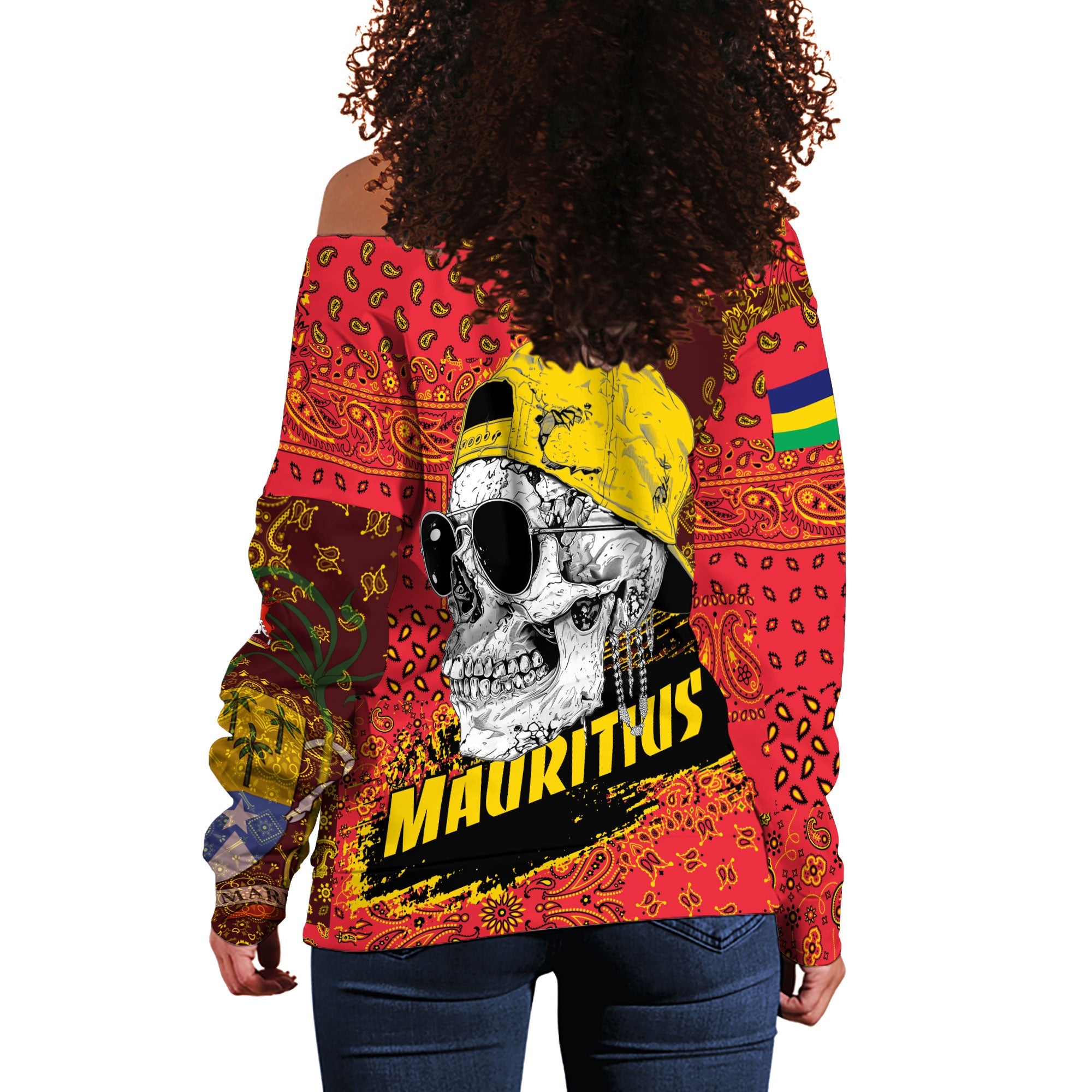 Mauritius Women Off Shoulder Sweatshirt Paisley Flag And Skull Style 3