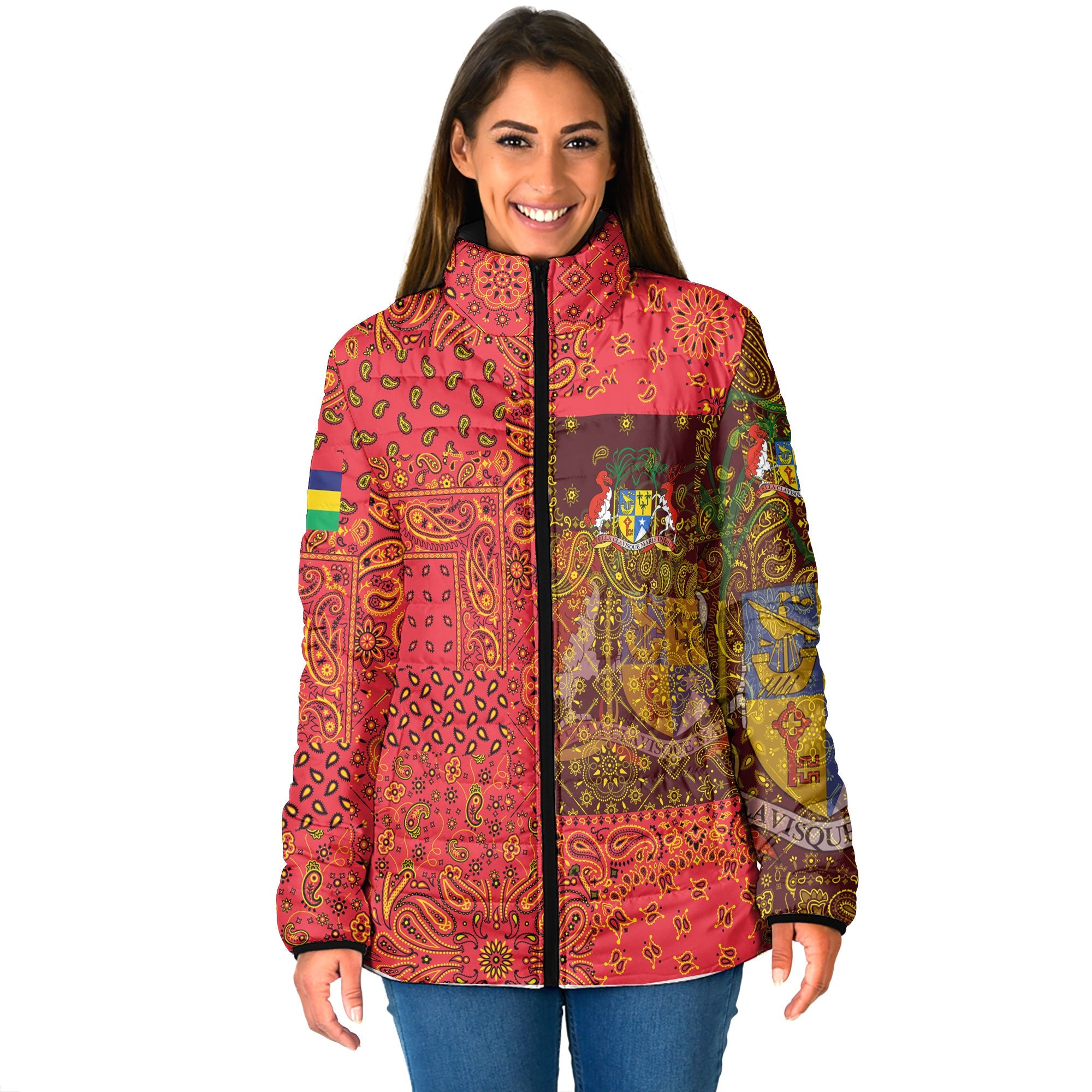 Mauritius Women Padded Jacket Paisley Flag And Skull Style 1