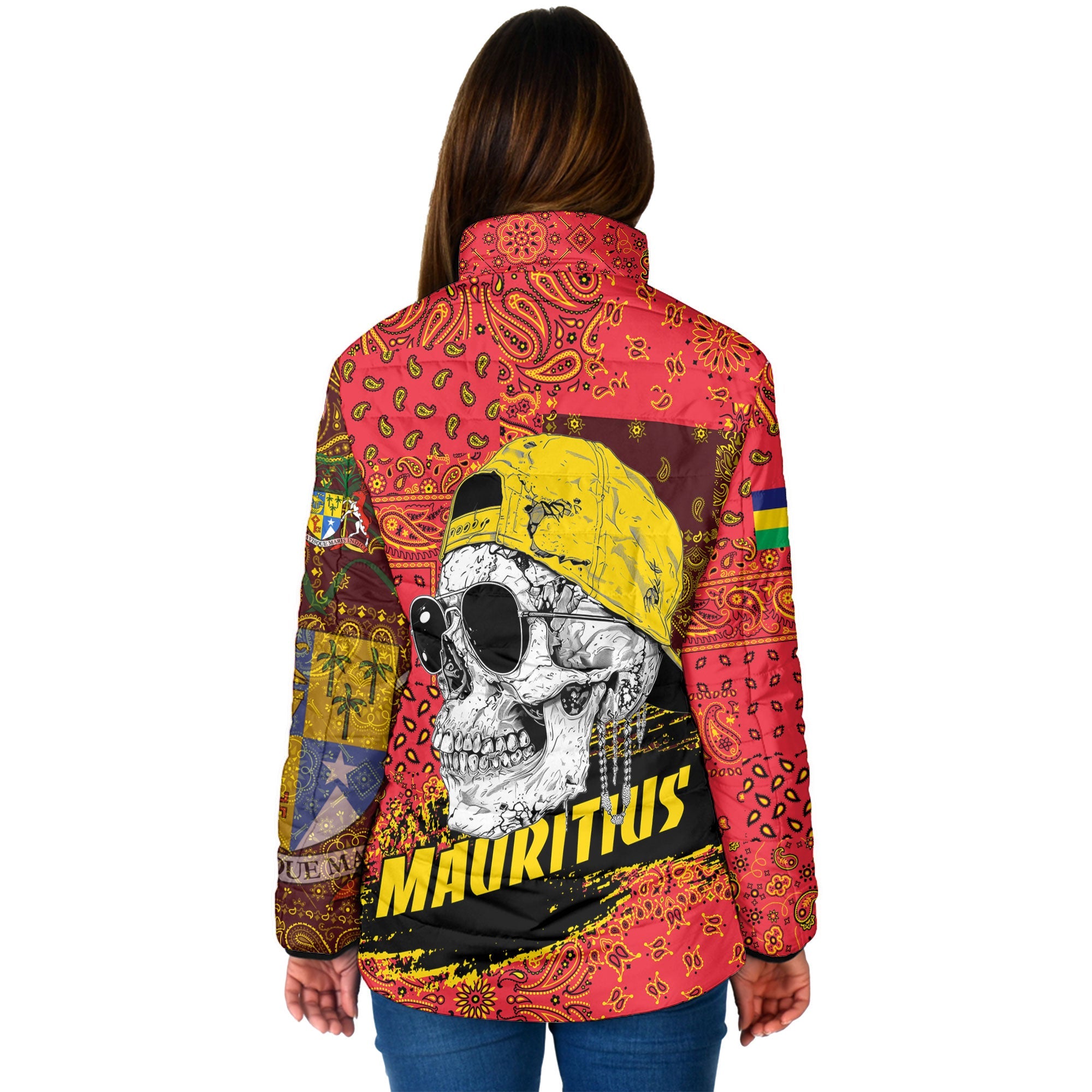 Mauritius Women Padded Jacket Paisley Flag And Skull Style 2