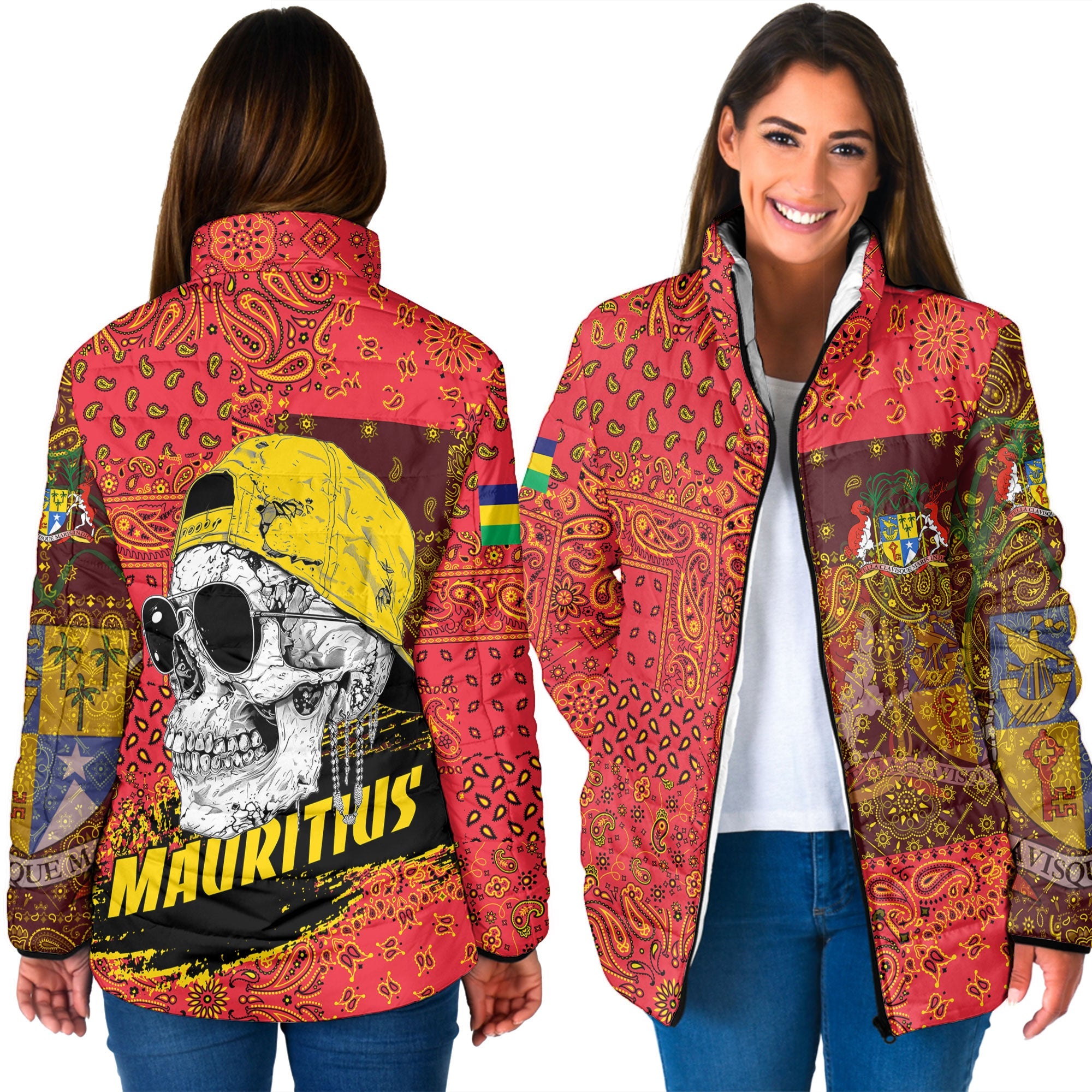 Mauritius Women Padded Jacket Paisley Flag And Skull Style 3