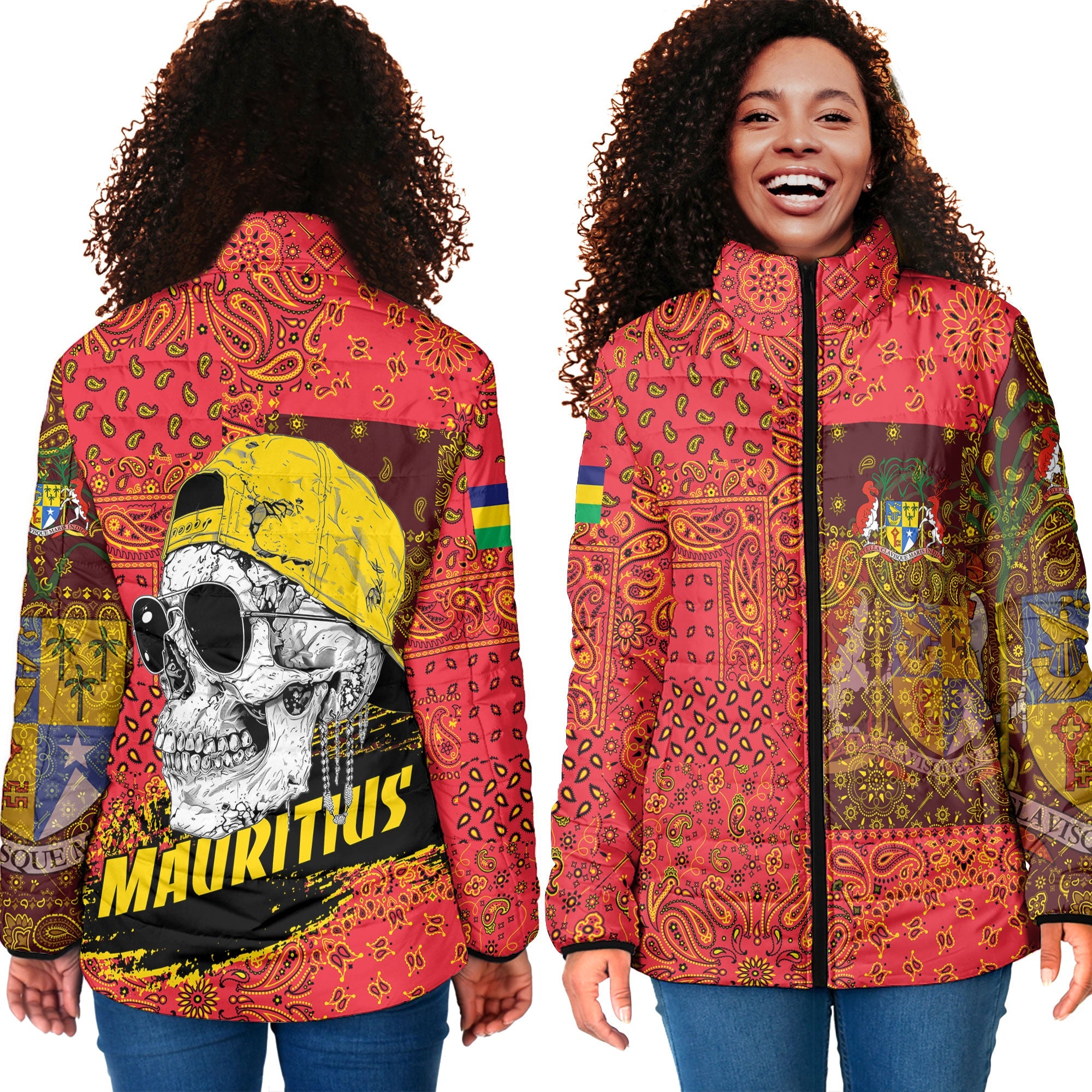 Mauritius Women Padded Jacket Paisley Flag And Skull Style 4