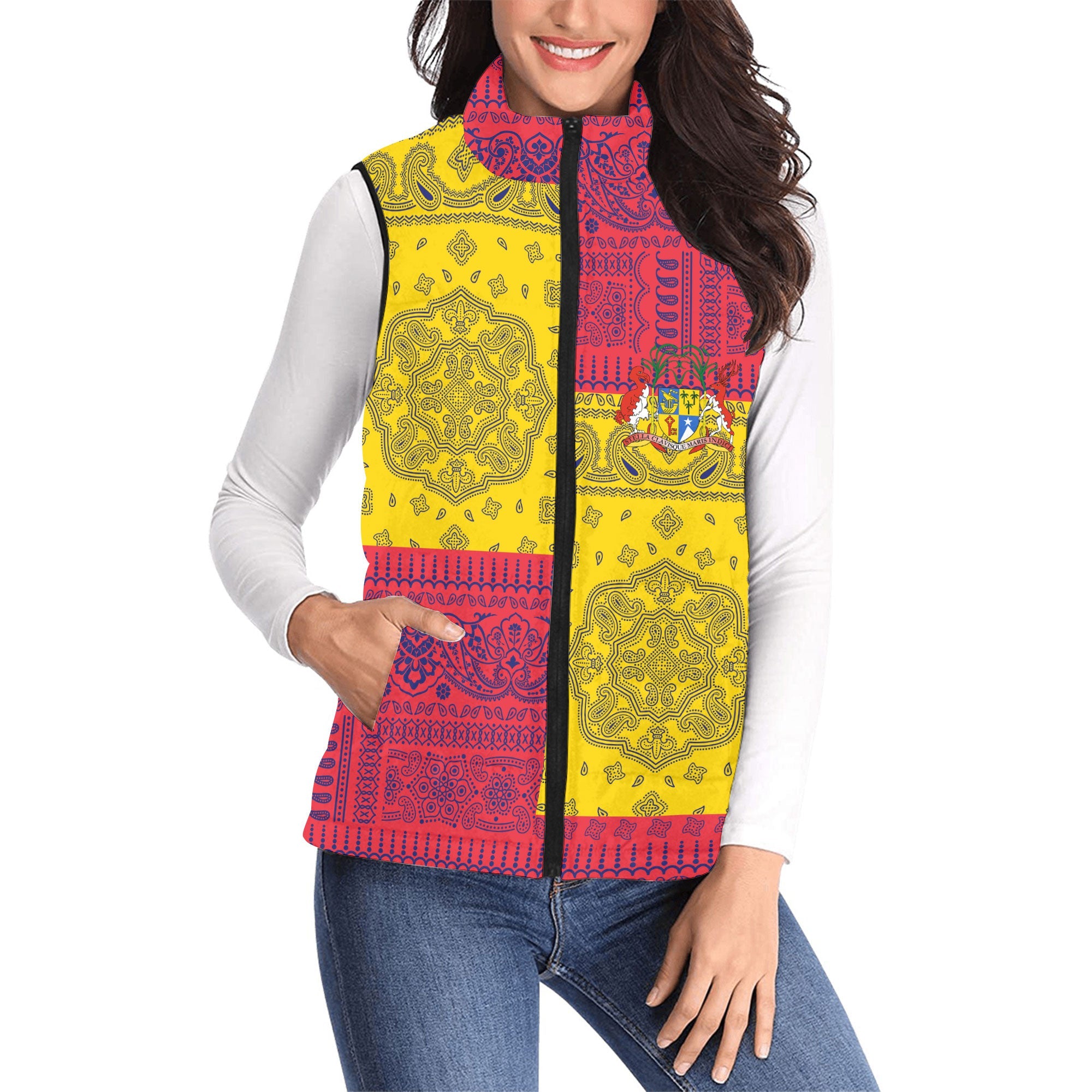 Mauritius Women Padded Jacket Vest Flag And Paisley Basic Style 1