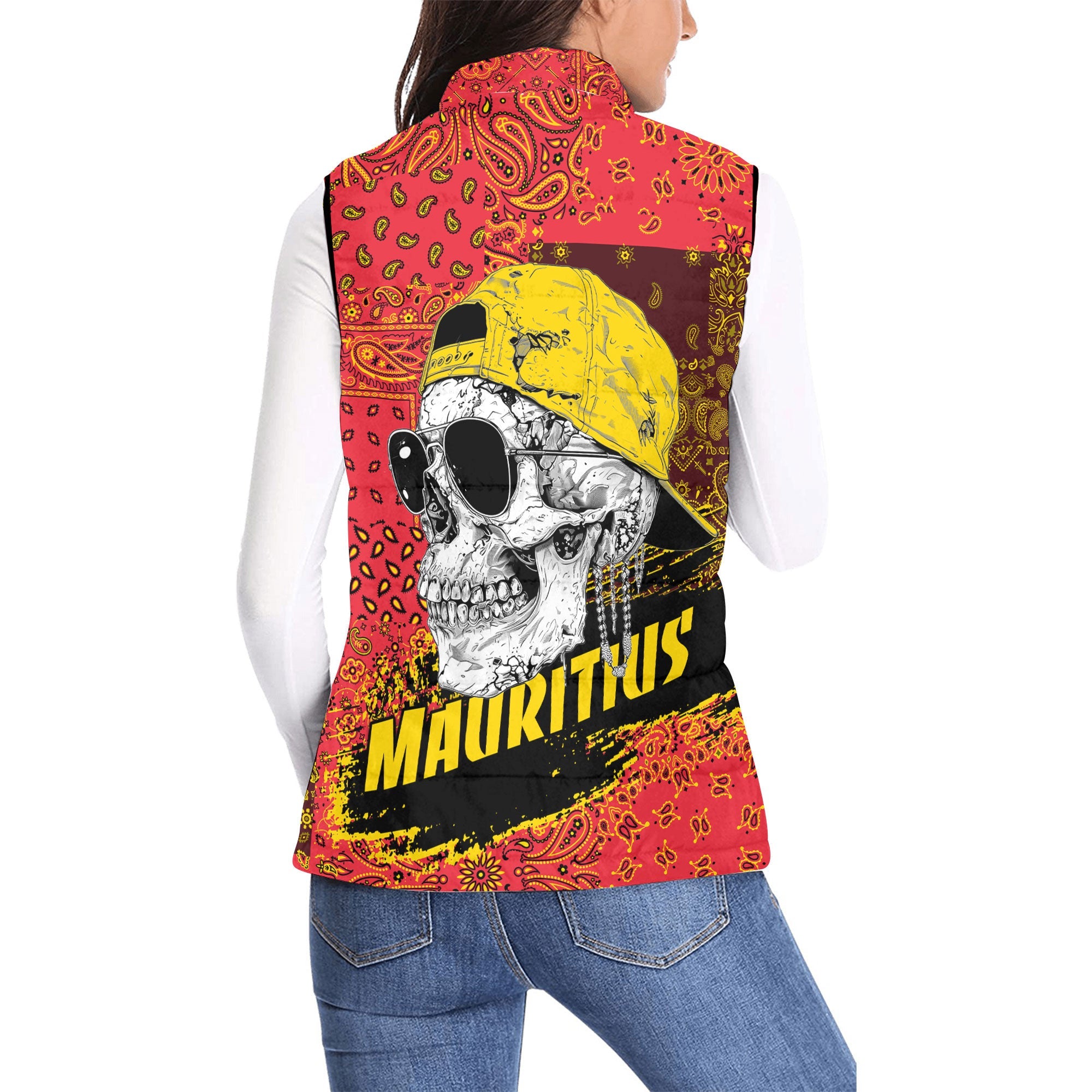 Mauritius Women Padded Jacket Vest Paisley Flag And Skull Style 2