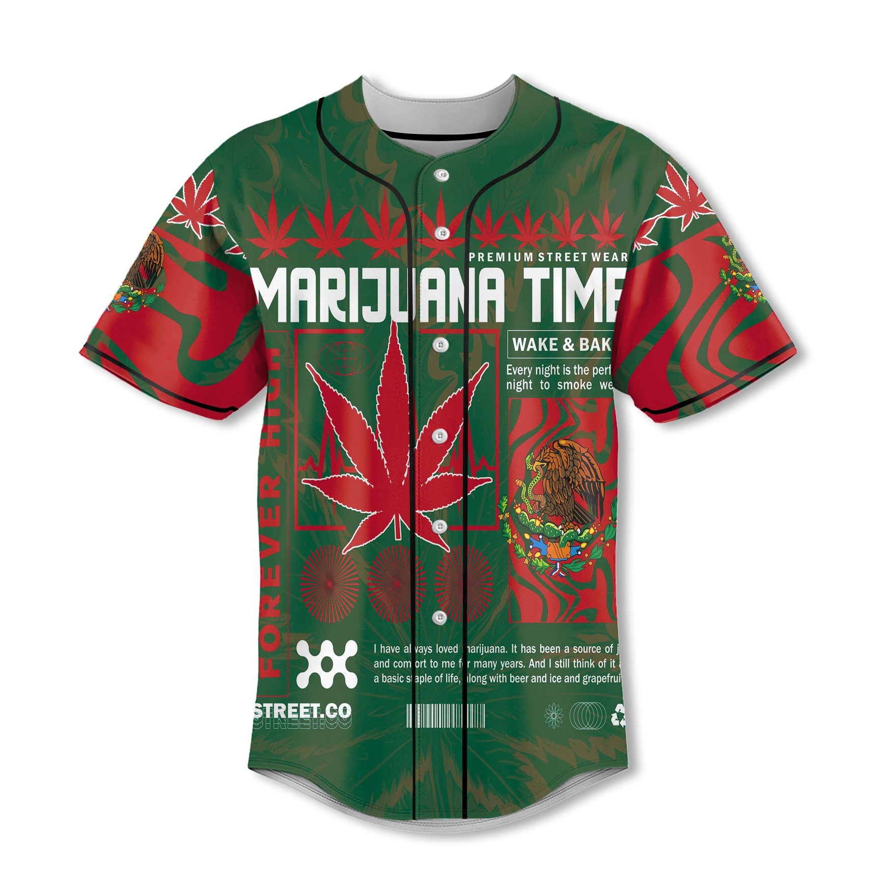 Mexico Baseball Jersey Flag & Coat Of Arms Marijuanas Style