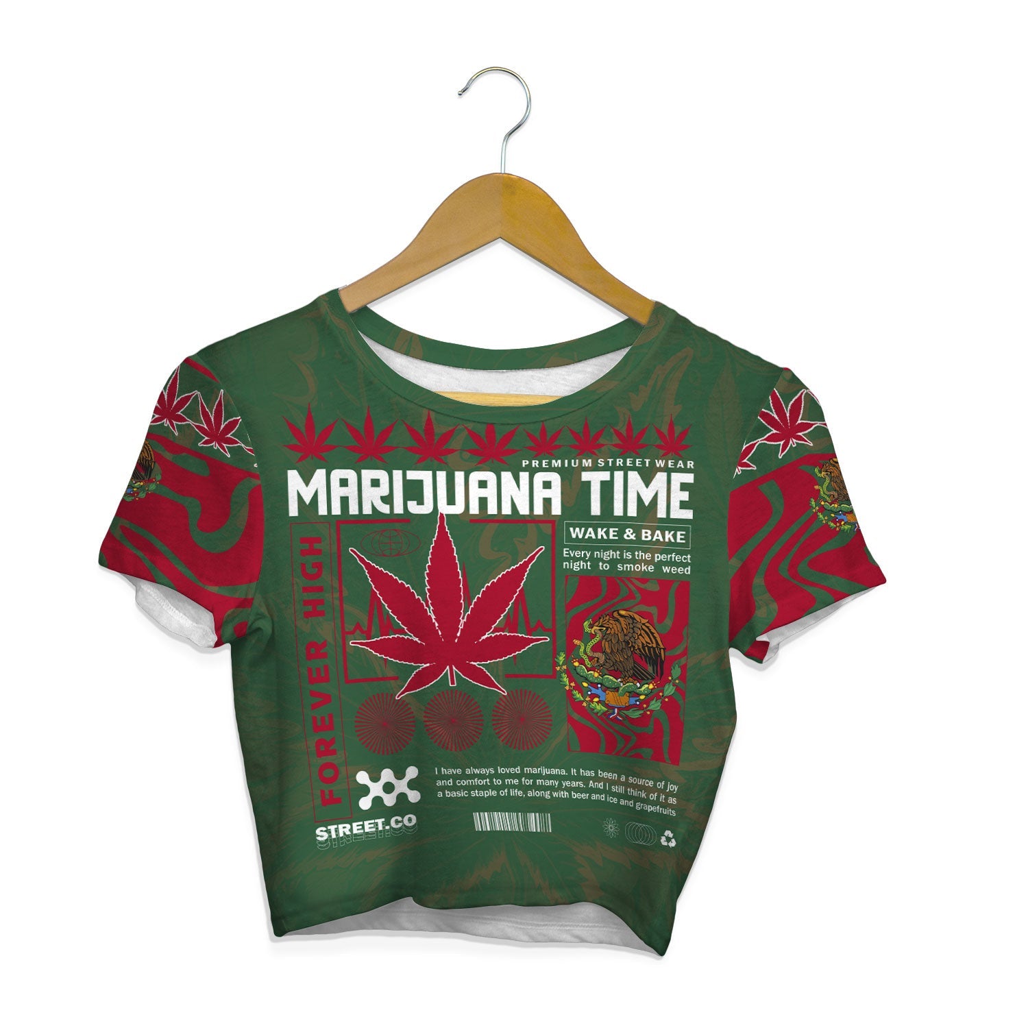 Mexico Crop Top T Shirt Flag & Coat Of Arms Marijuanas Style