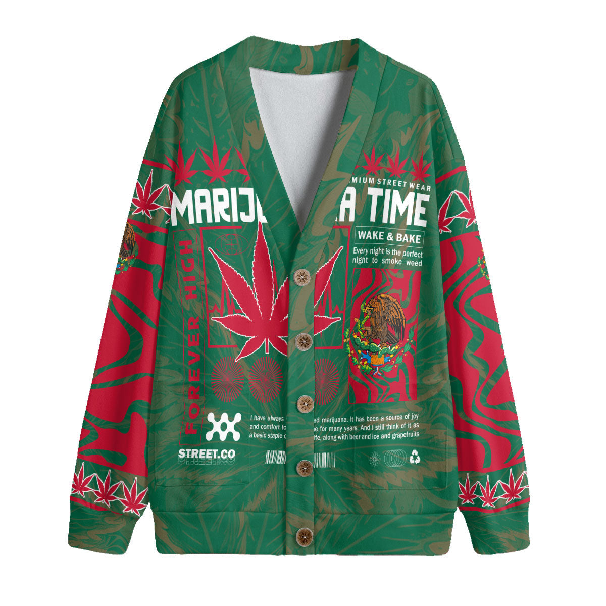 Mexico Fleece Cardigan Flag & Coat Of Arms Marijuanas Style