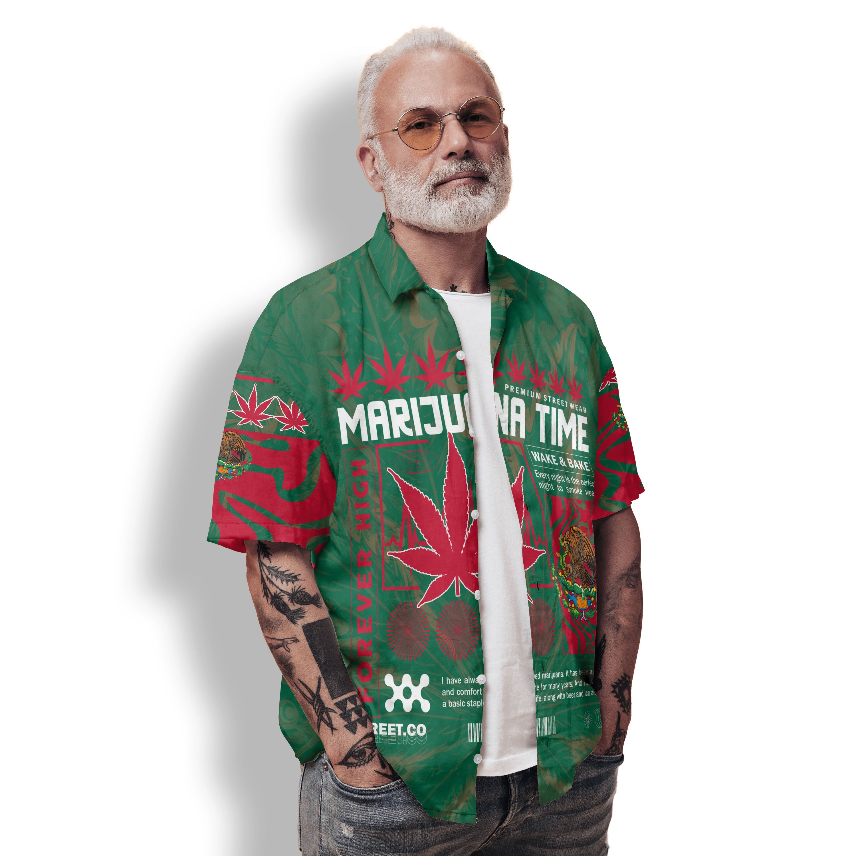 Mexico Hawaiian Shirt Flag & Coat Of Arms Marijuanas Style