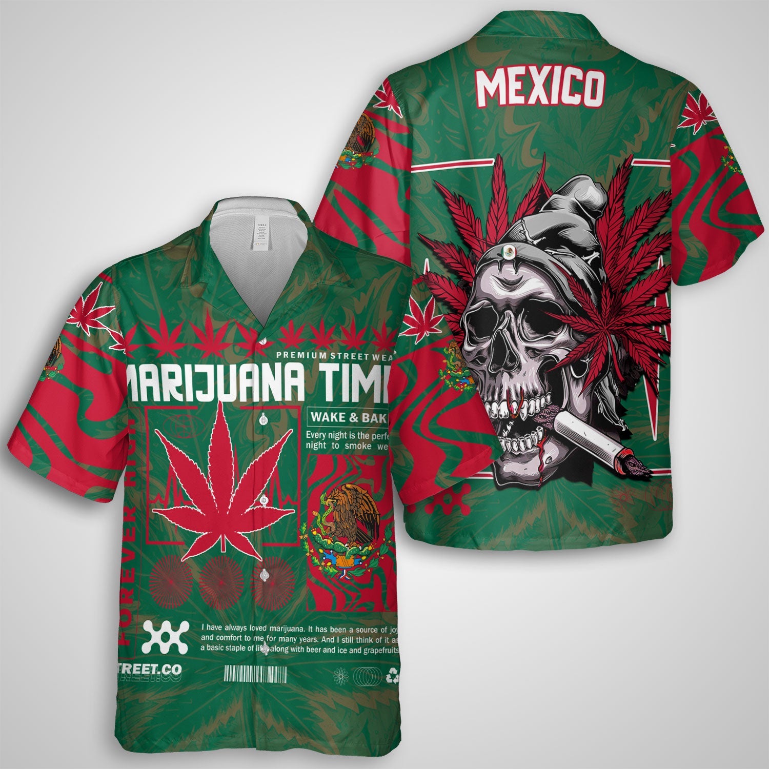 Mexico Hawaiian Shirt Flag & Coat Of Arms Marijuanas Style