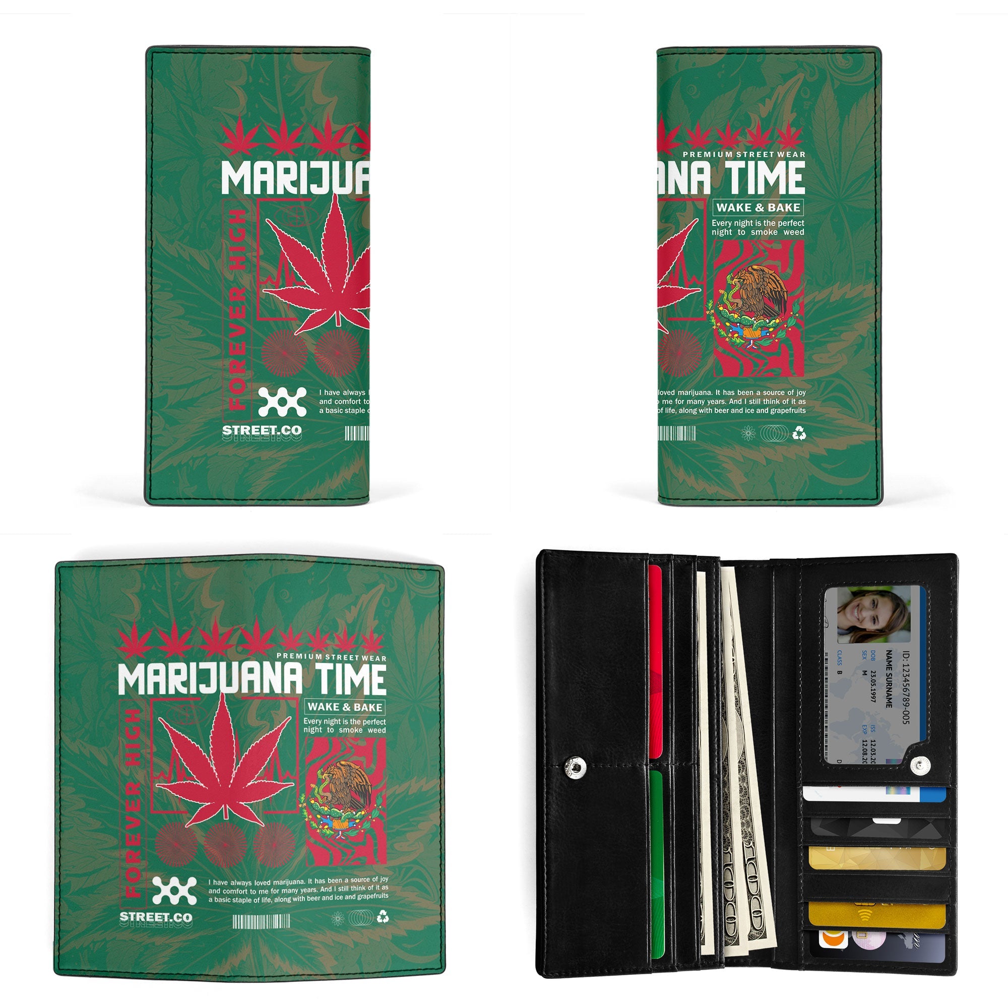 Mexico Leather Wallet Flag & Coat Of Arms Marijuanas Style