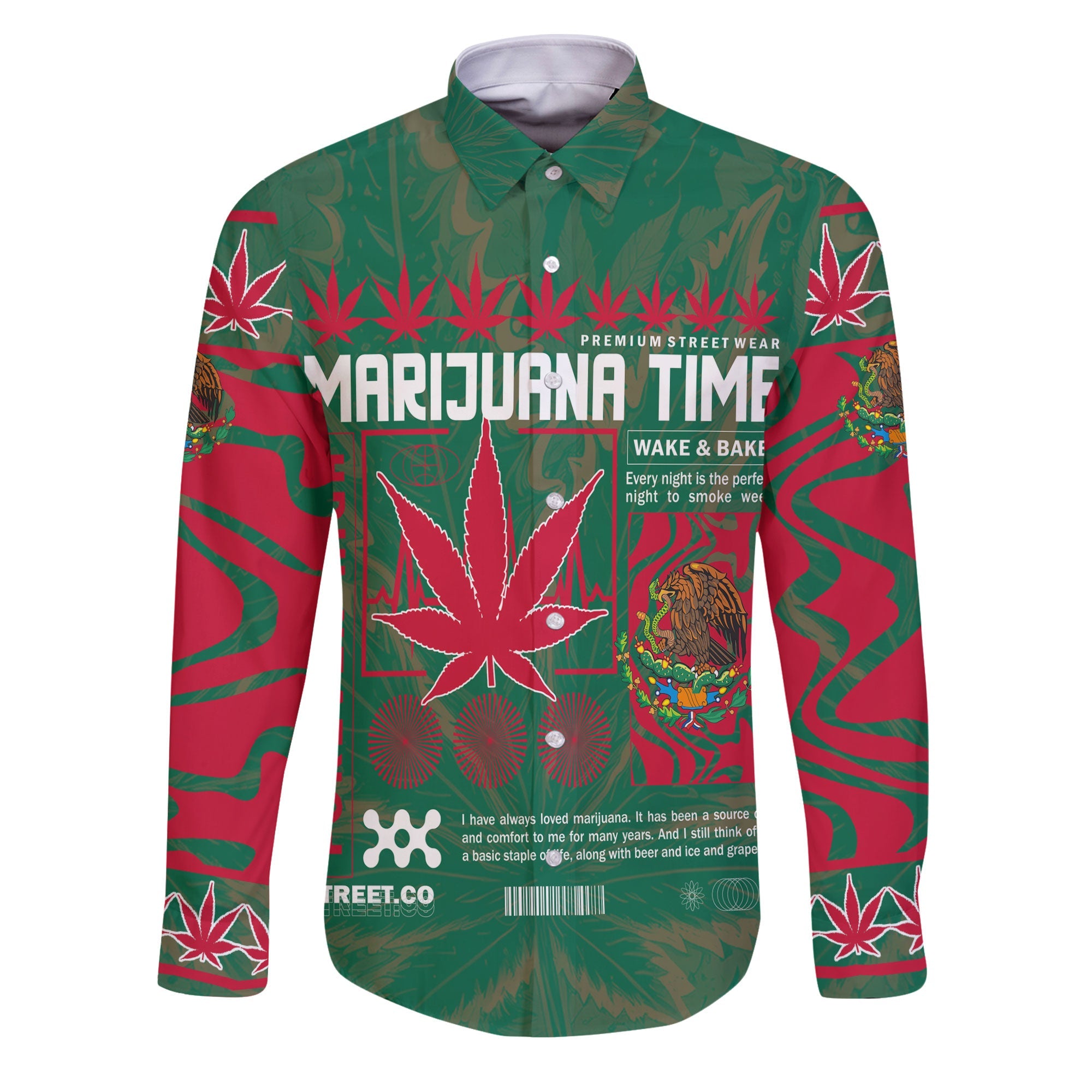 Mexico Long Sleeve Button Shirt Flag & Coat Of Arms Marijuanas Style