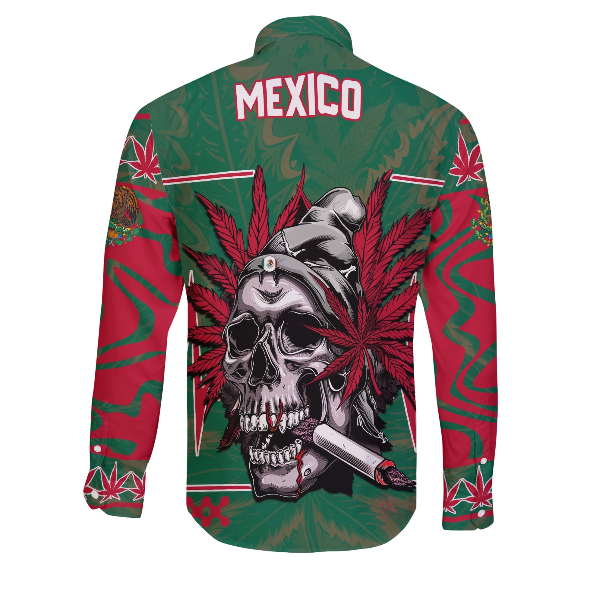 Mexico Long Sleeve Button Shirt Flag & Coat Of Arms Marijuanas Style