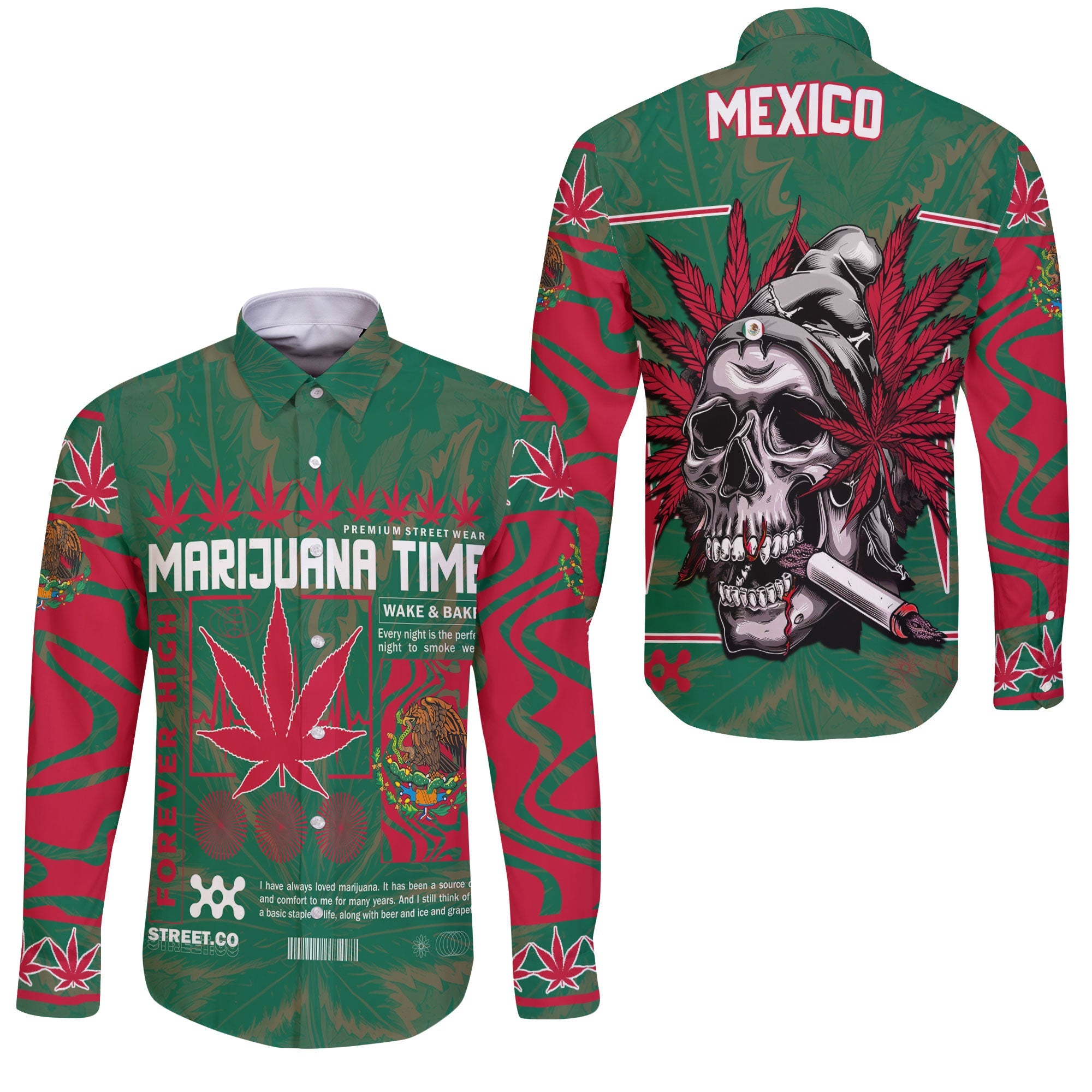 Mexico Long Sleeve Button Shirt Flag & Coat Of Arms Marijuanas Style