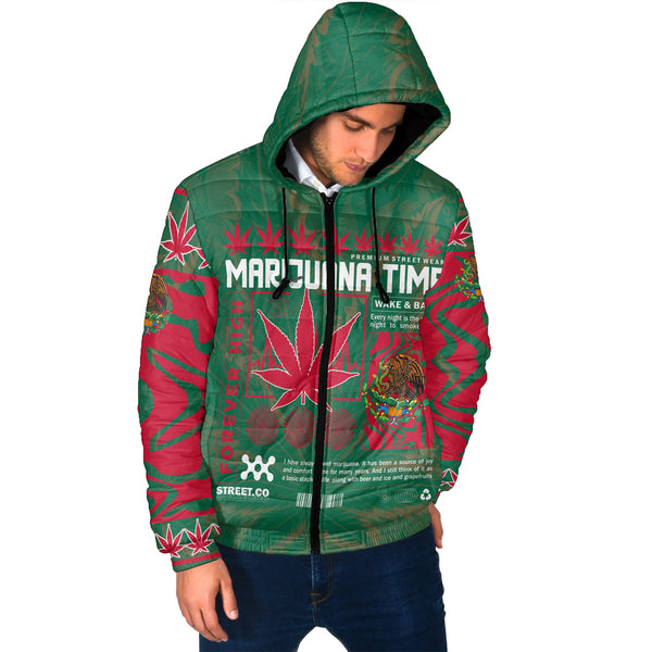 Mexico Men Hooded Padded Jacket Flag & Coat Of Arms Marijuanas Style