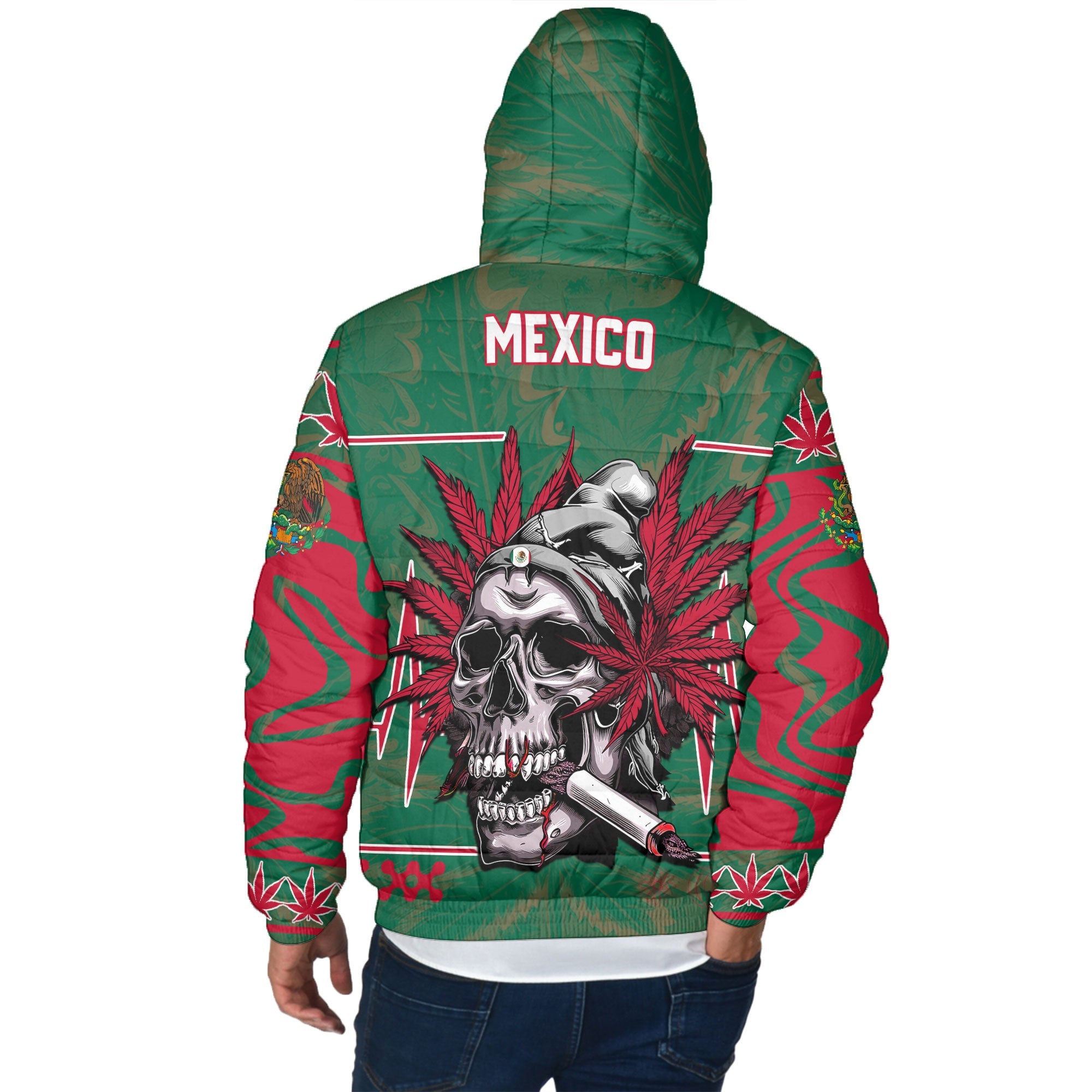 Mexico Men Hooded Padded Jacket Flag & Coat Of Arms Marijuanas Style