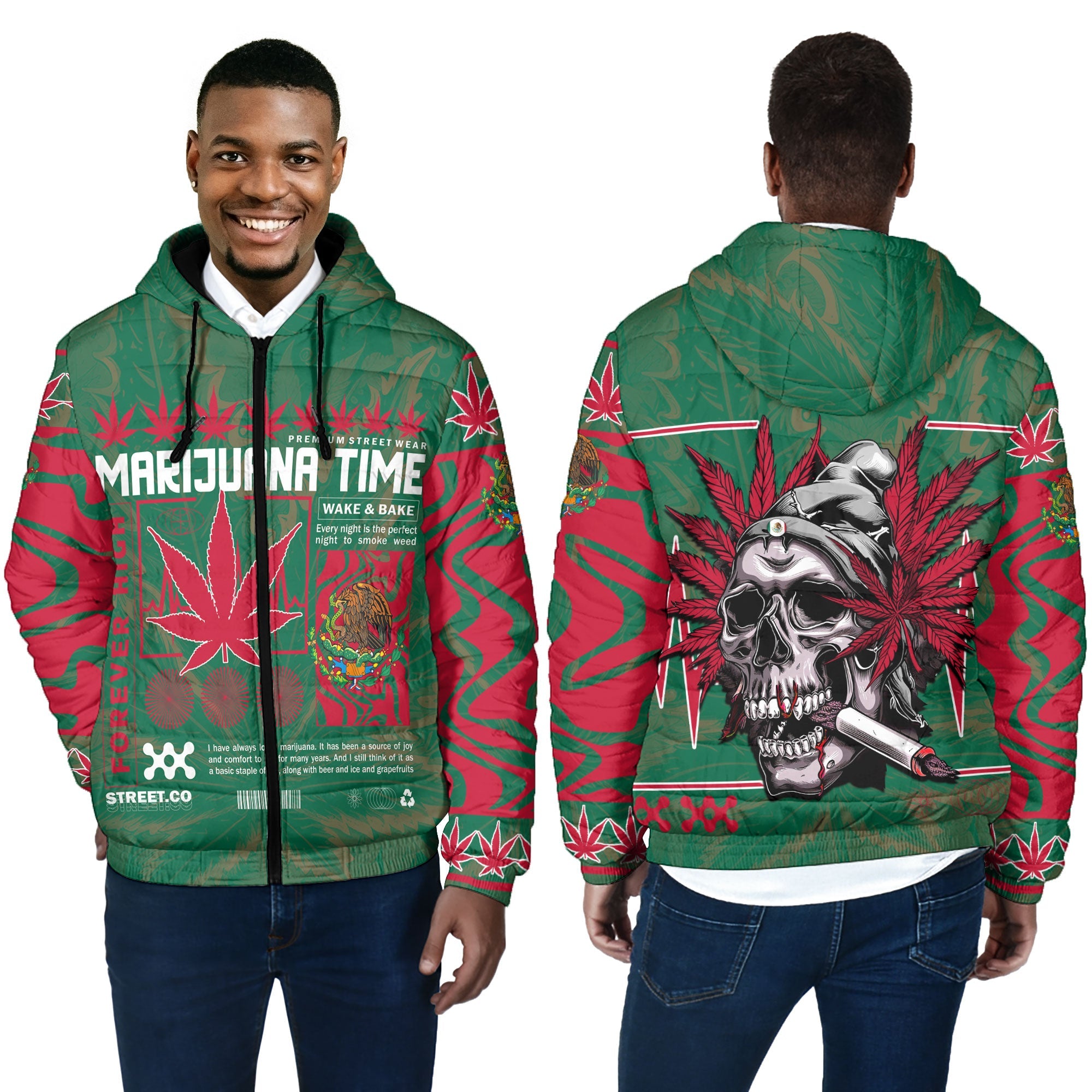 Mexico Men Hooded Padded Jacket Flag & Coat Of Arms Marijuanas Style