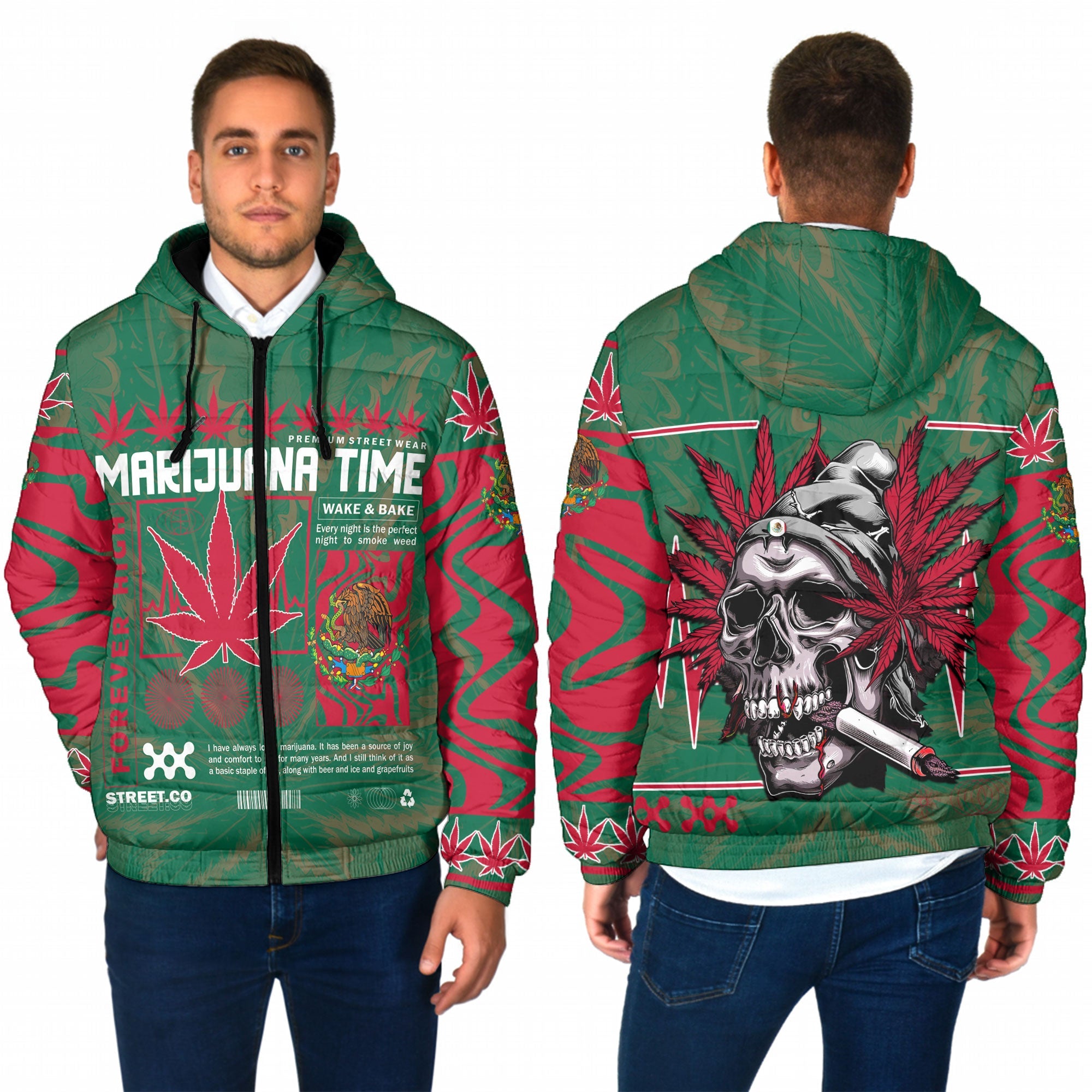 Mexico Men Hooded Padded Jacket Flag & Coat Of Arms Marijuanas Style