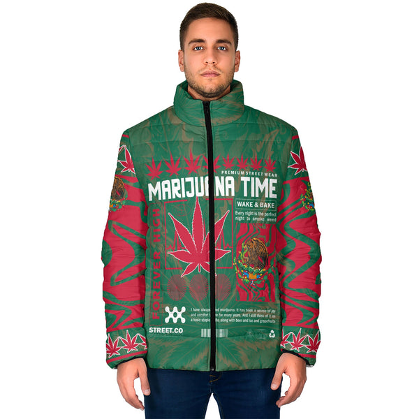 Mexico Men Padded Jacket Flag & Coat Of Arms Marijuanas Style