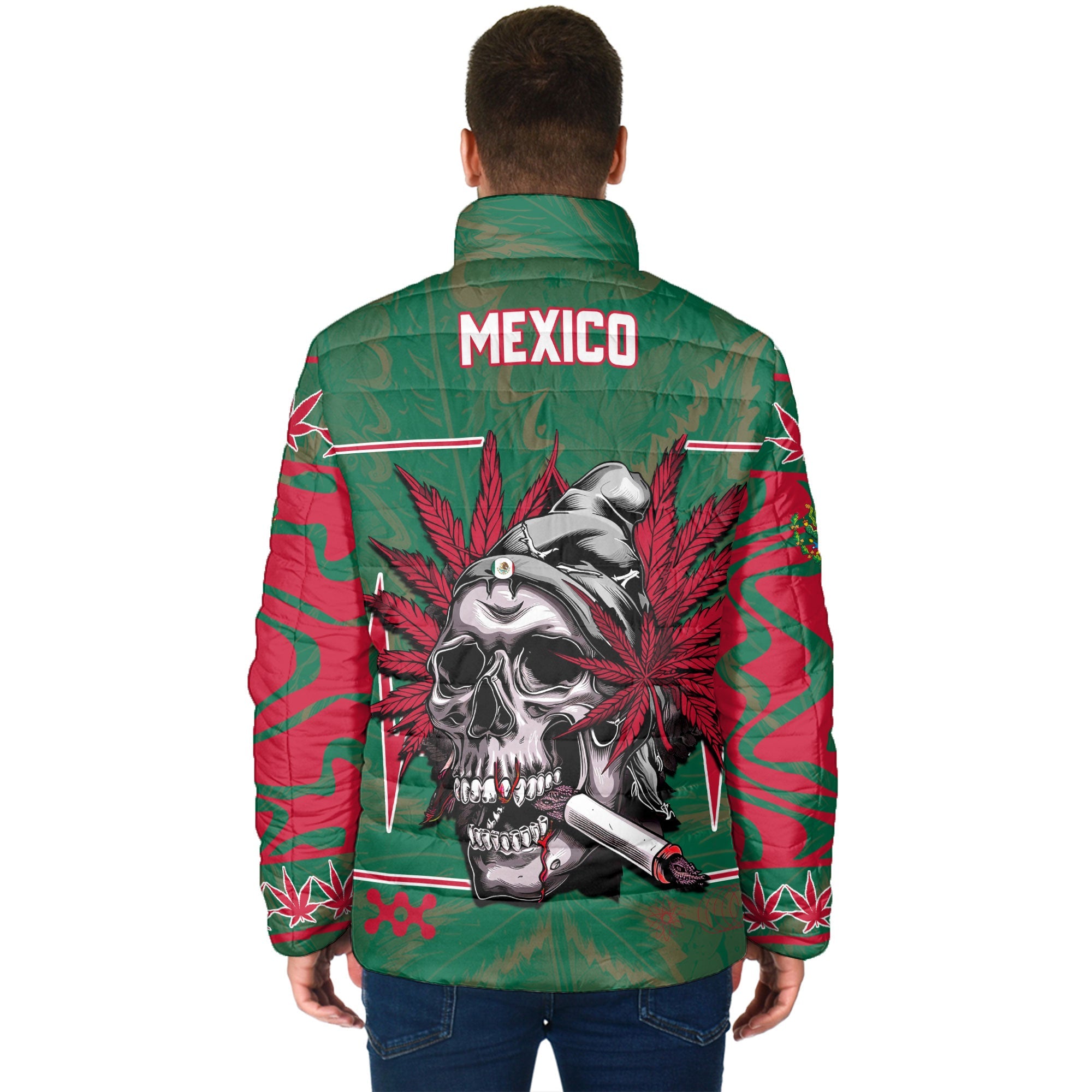 Mexico Men Padded Jacket Flag & Coat Of Arms Marijuanas Style