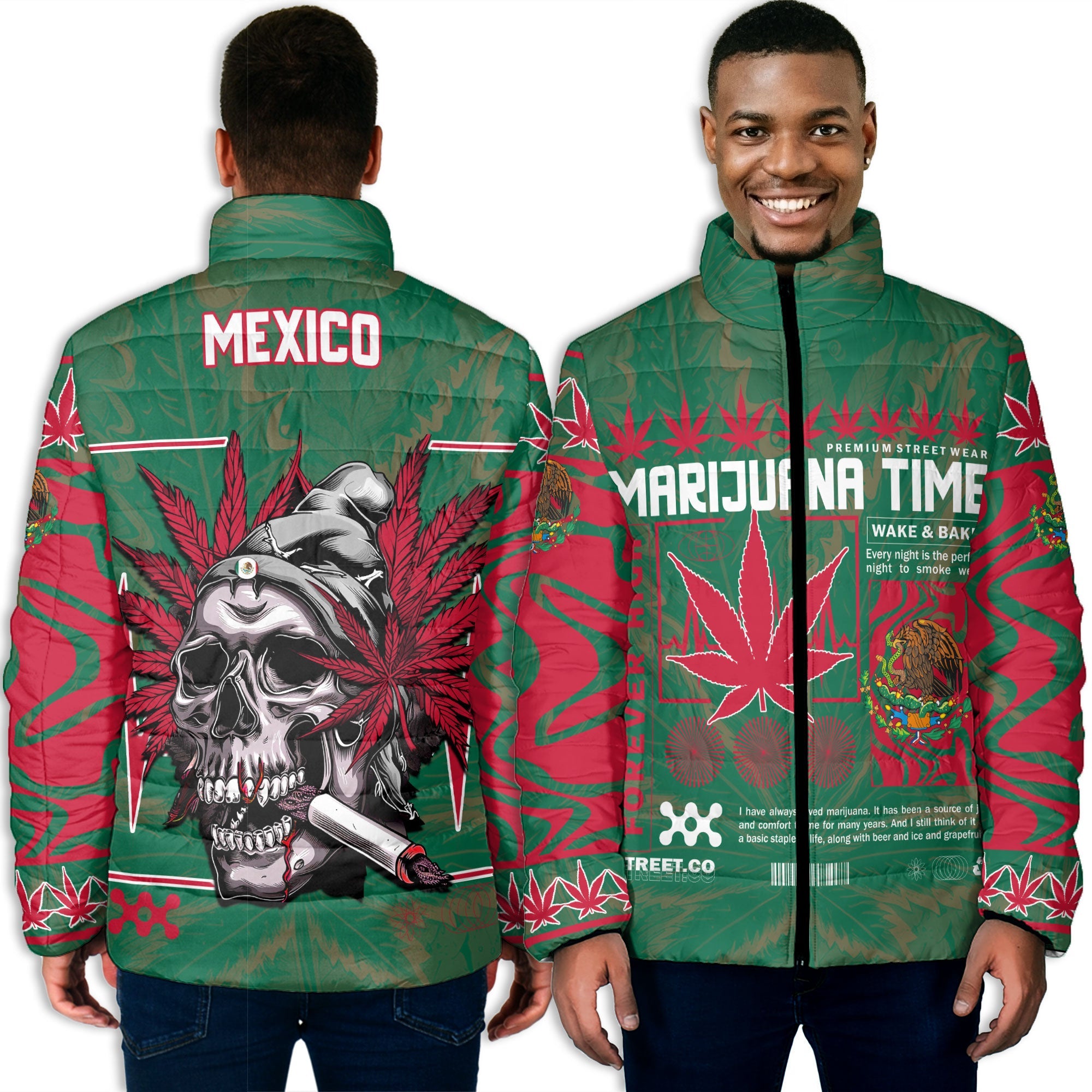 Mexico Men Padded Jacket Flag & Coat Of Arms Marijuanas Style