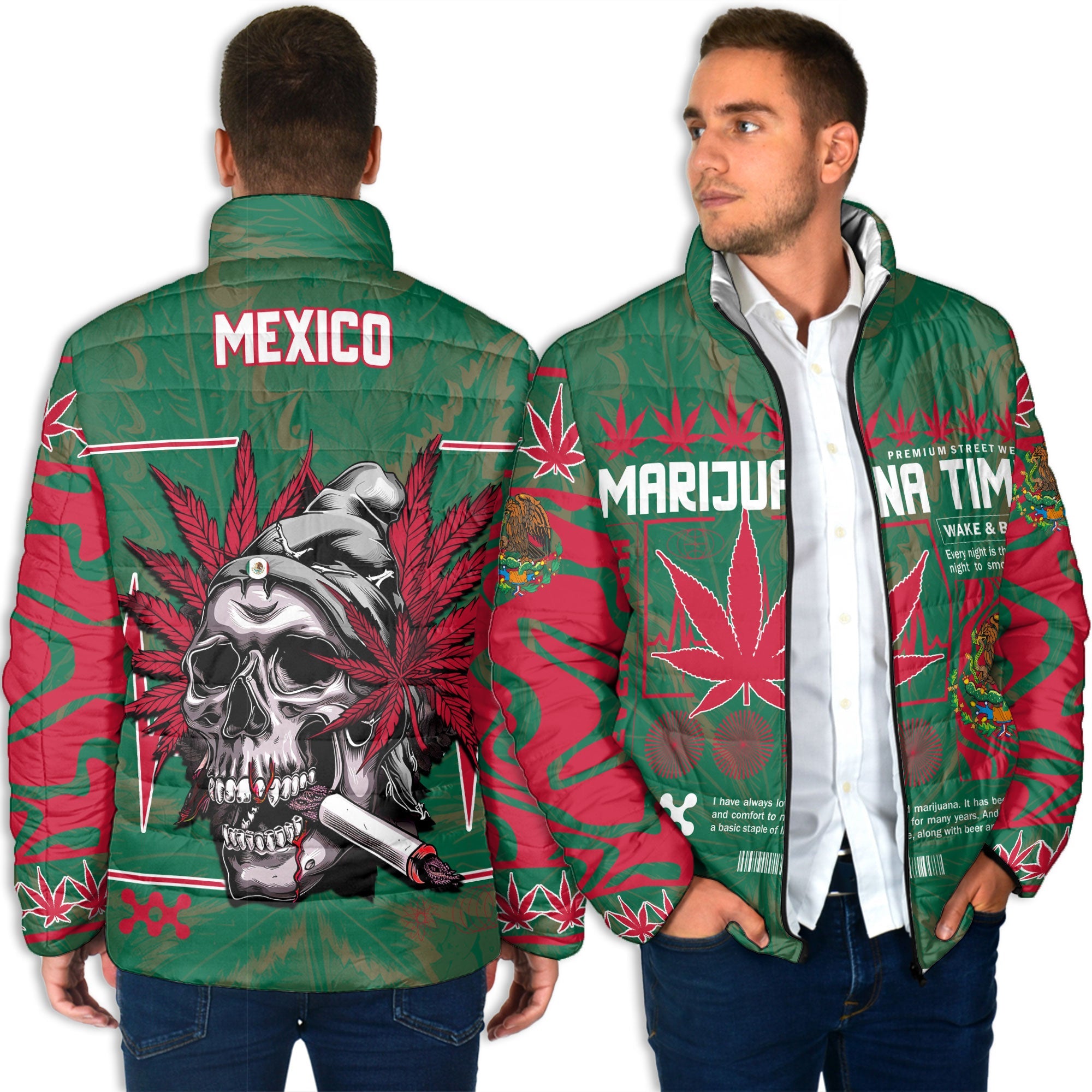 Mexico Men Padded Jacket Flag & Coat Of Arms Marijuanas Style