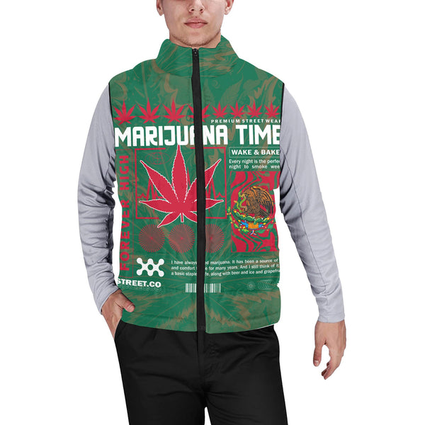 Mexico Men Padded Jacket Vest Flag & Coat Of Arms Marijuanas Style