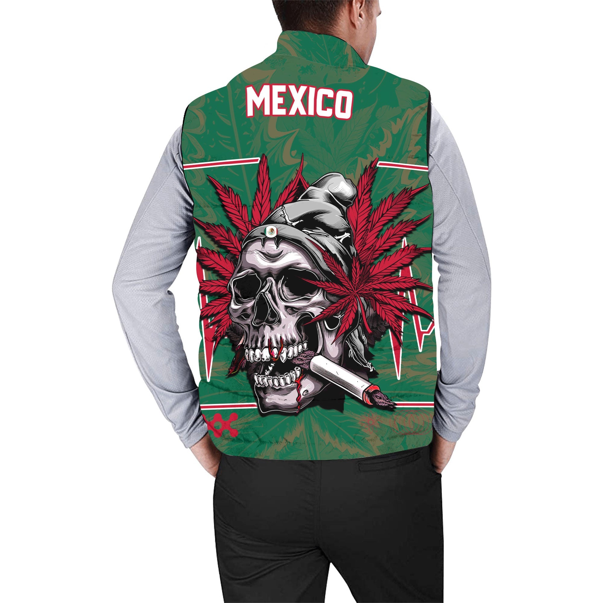 Mexico Men Padded Jacket Vest Flag & Coat Of Arms Marijuanas Style