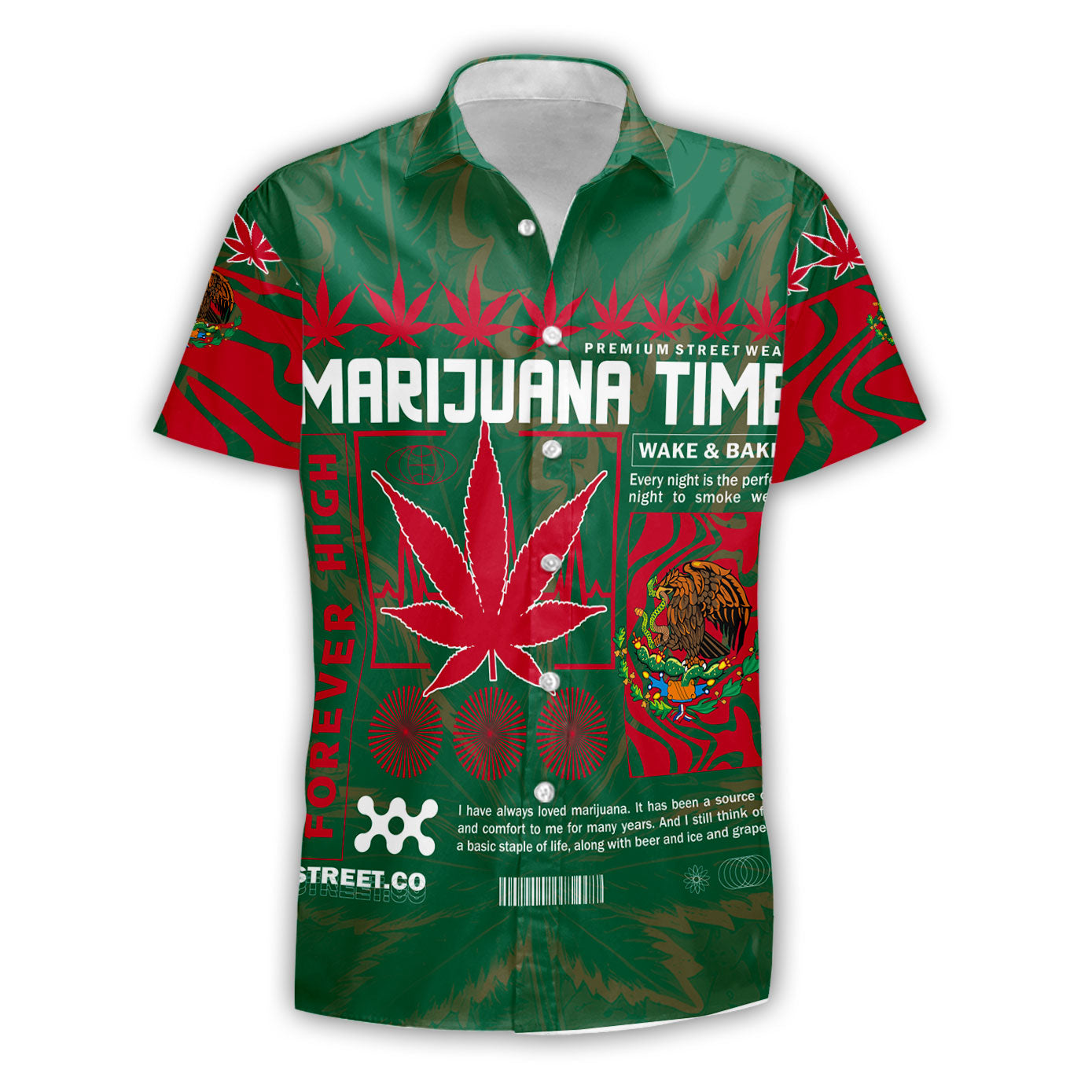 Mexico Short Sleeve Shirt Flag & Coat Of Arms Marijuanas Style