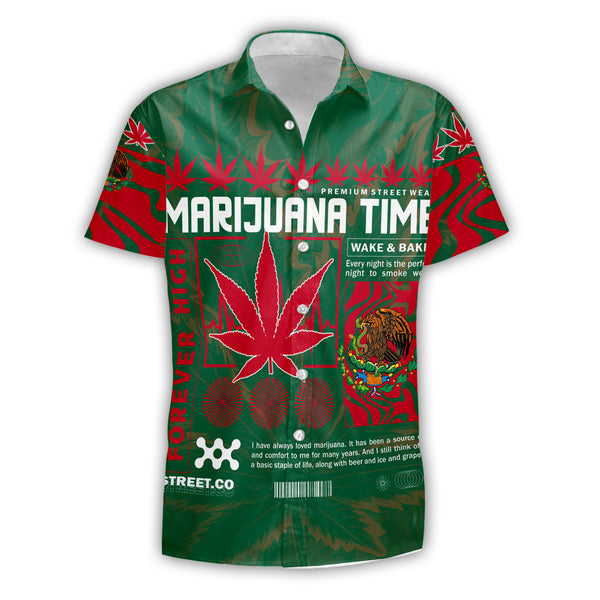 Mexico Short Sleeve Shirt Flag & Coat Of Arms Marijuanas Style