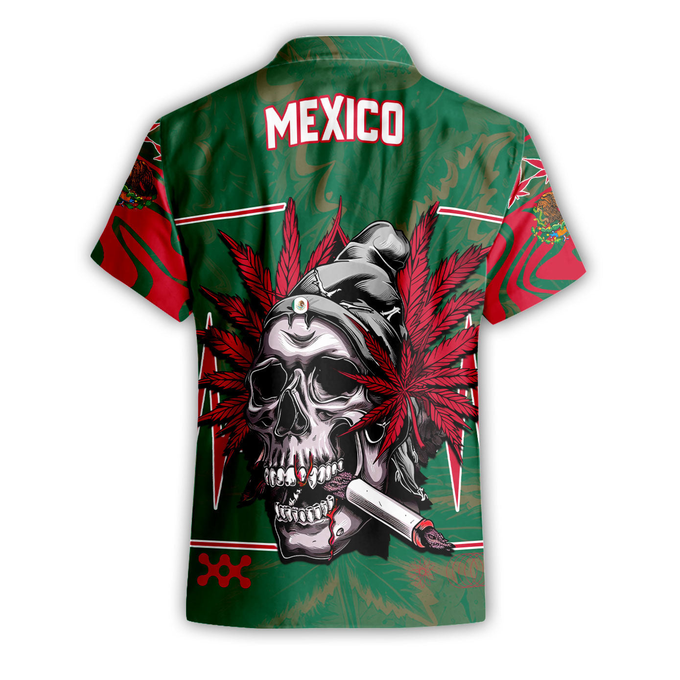 Mexico Short Sleeve Shirt Flag & Coat Of Arms Marijuanas Style