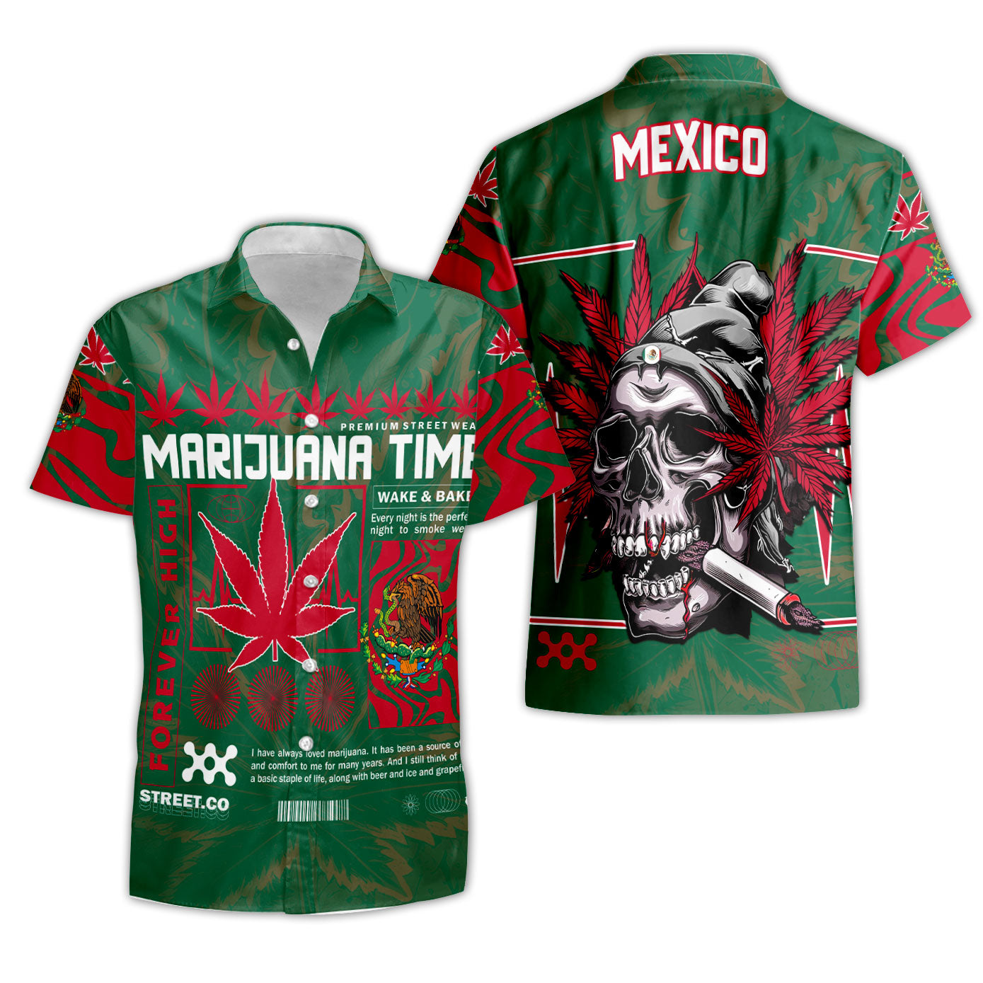 Mexico Short Sleeve Shirt Flag & Coat Of Arms Marijuanas Style