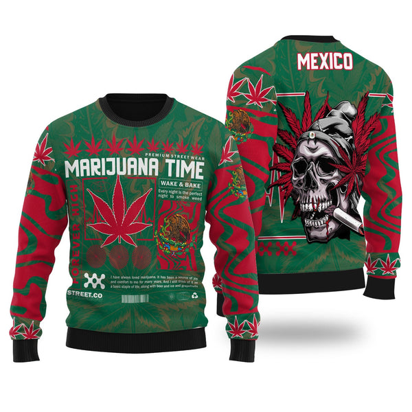 Mexico Ugly Sweater Flag & Coat Of Arms Marijuanas Style