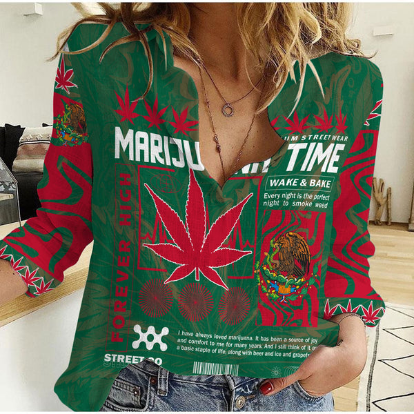 Mexico Women Casual Shirt Flag & Coat Of Arms Marijuanas Style