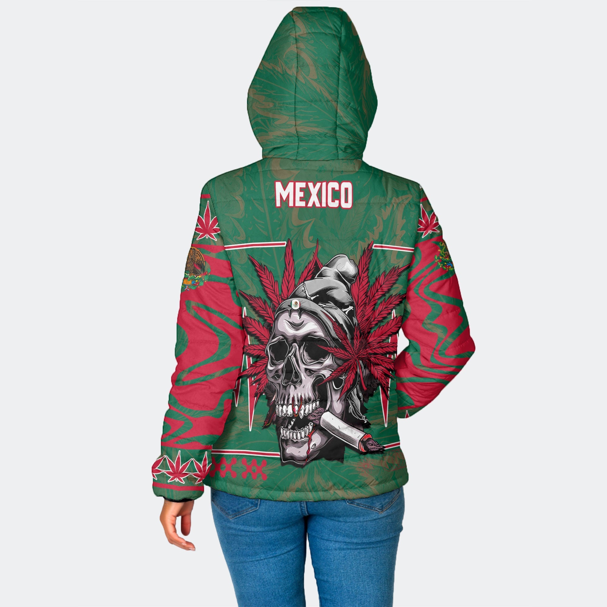 Mexico Women Hooded Padded Jacket Flag & Coat Of Arms Marijuanas Style