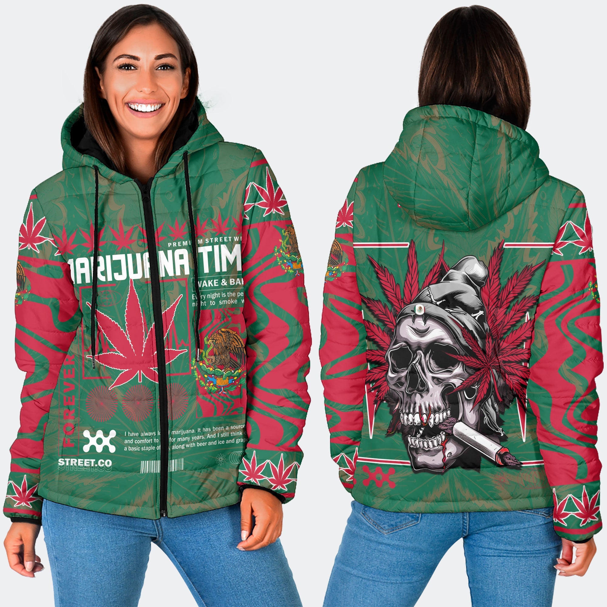 Mexico Women Hooded Padded Jacket Flag & Coat Of Arms Marijuanas Style