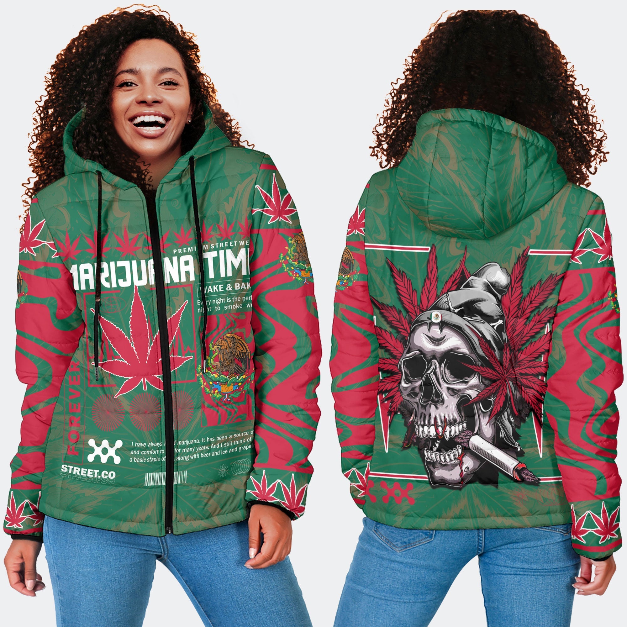 Mexico Women Hooded Padded Jacket Flag & Coat Of Arms Marijuanas Style