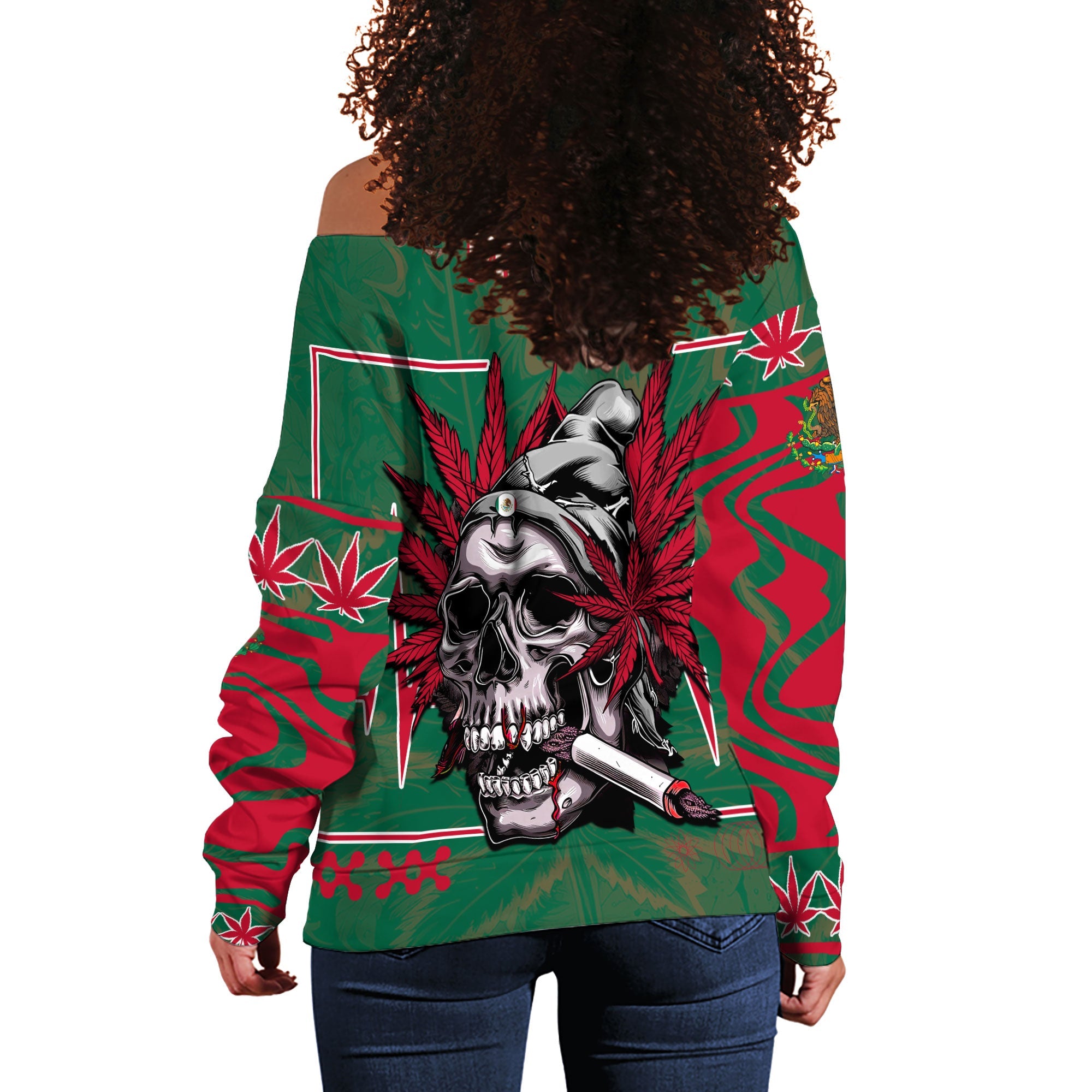 Mexico Women Off Shoulder Sweatshirt Flag & Coat Of Arms Marijuanas Style