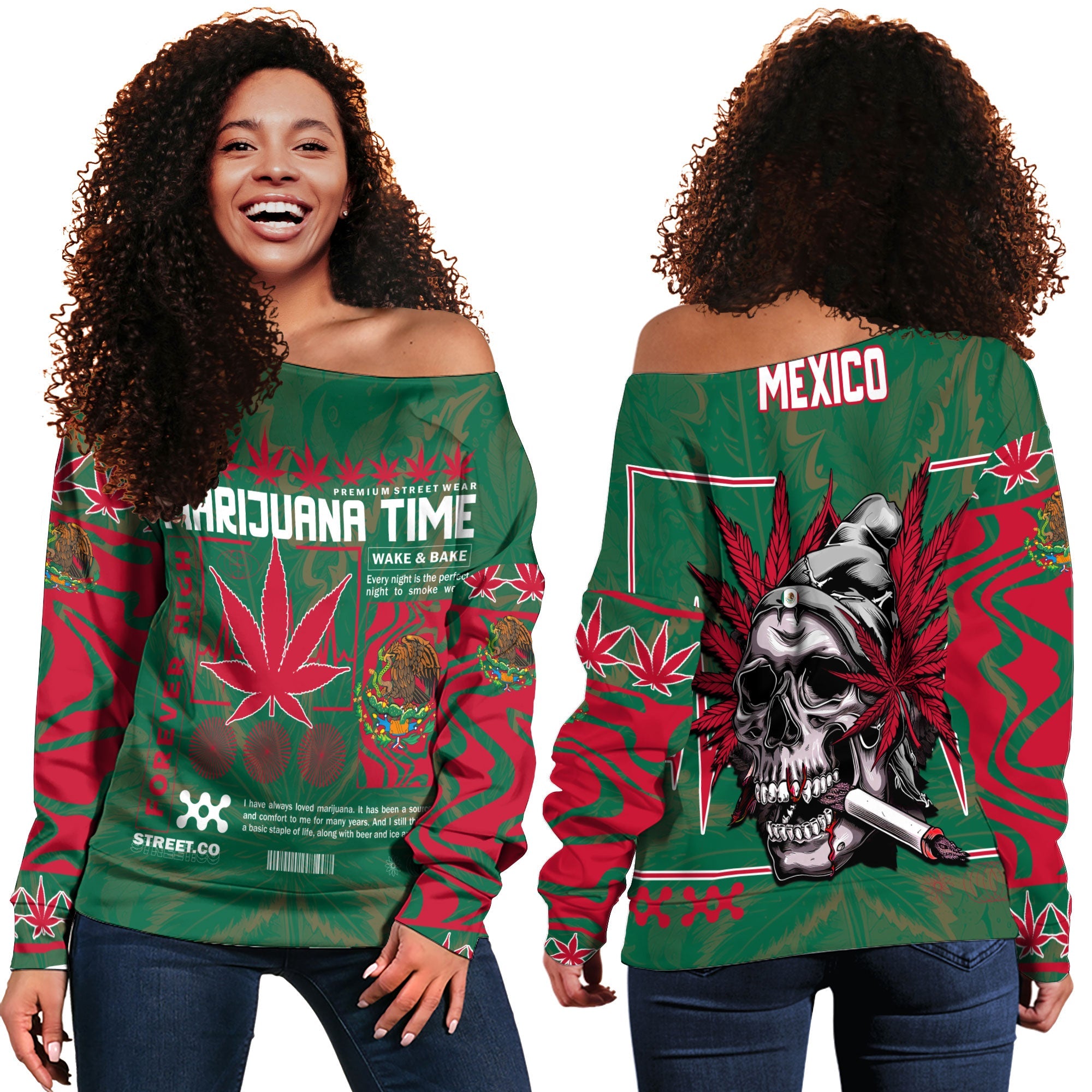 Mexico Women Off Shoulder Sweatshirt Flag & Coat Of Arms Marijuanas Style