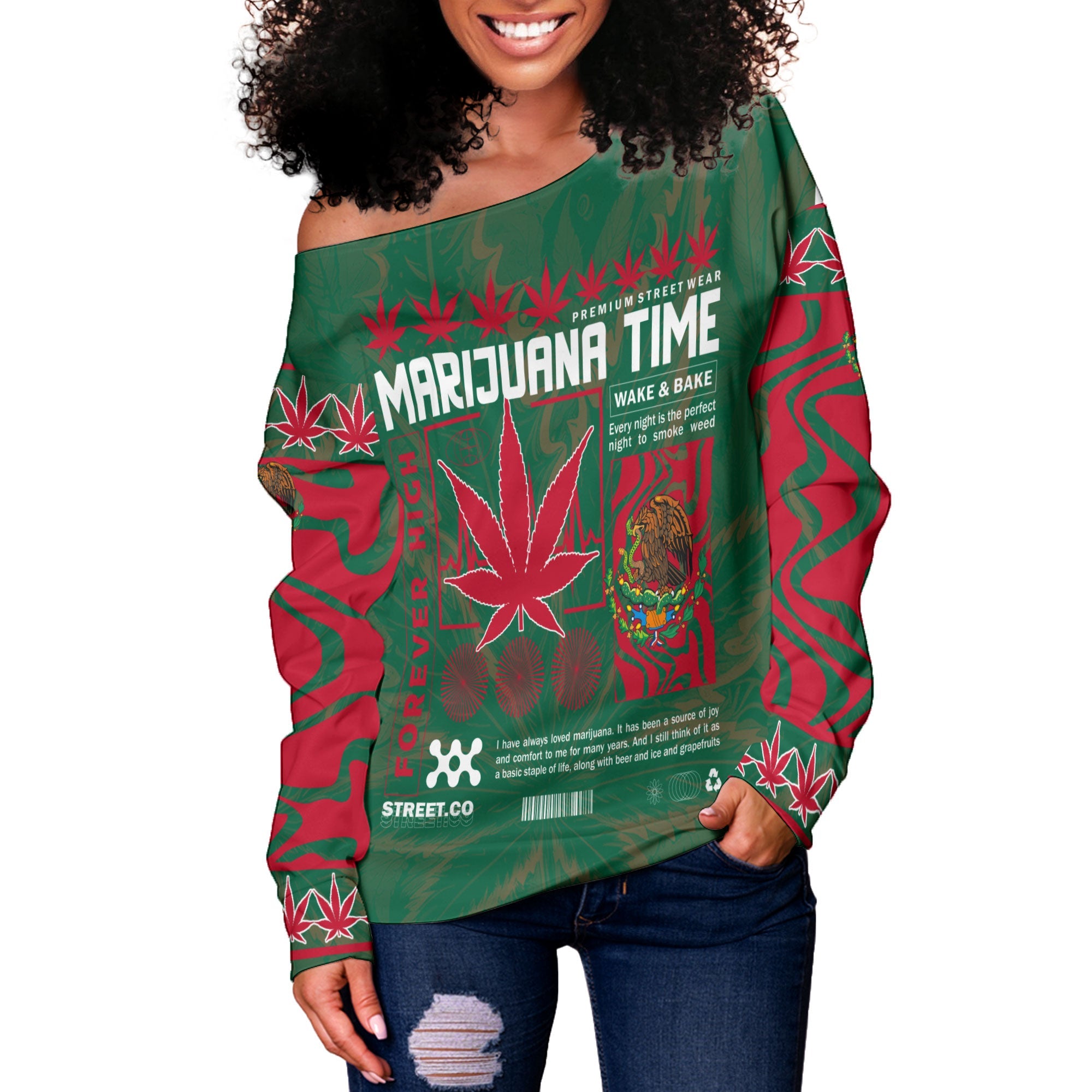 Mexico Women Off Shoulder Sweatshirt Flag & Coat Of Arms Marijuanas Style