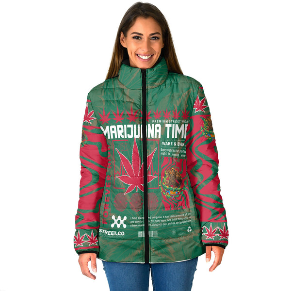 Mexico Women Padded Jacket Flag & Coat Of Arms Marijuanas Style