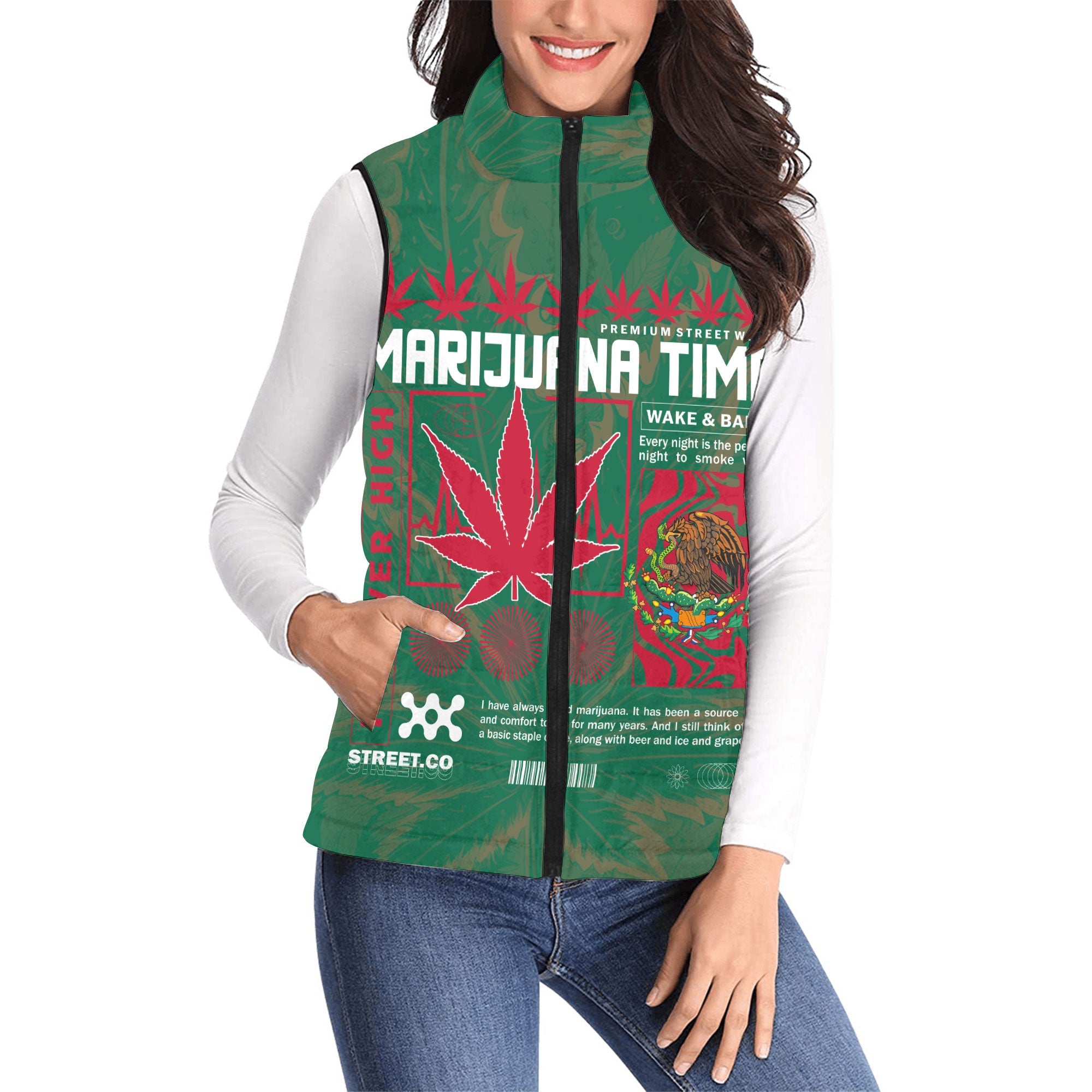 Mexico Women Padded Jacket Vest Flag & Coat Of Arms Marijuanas Style