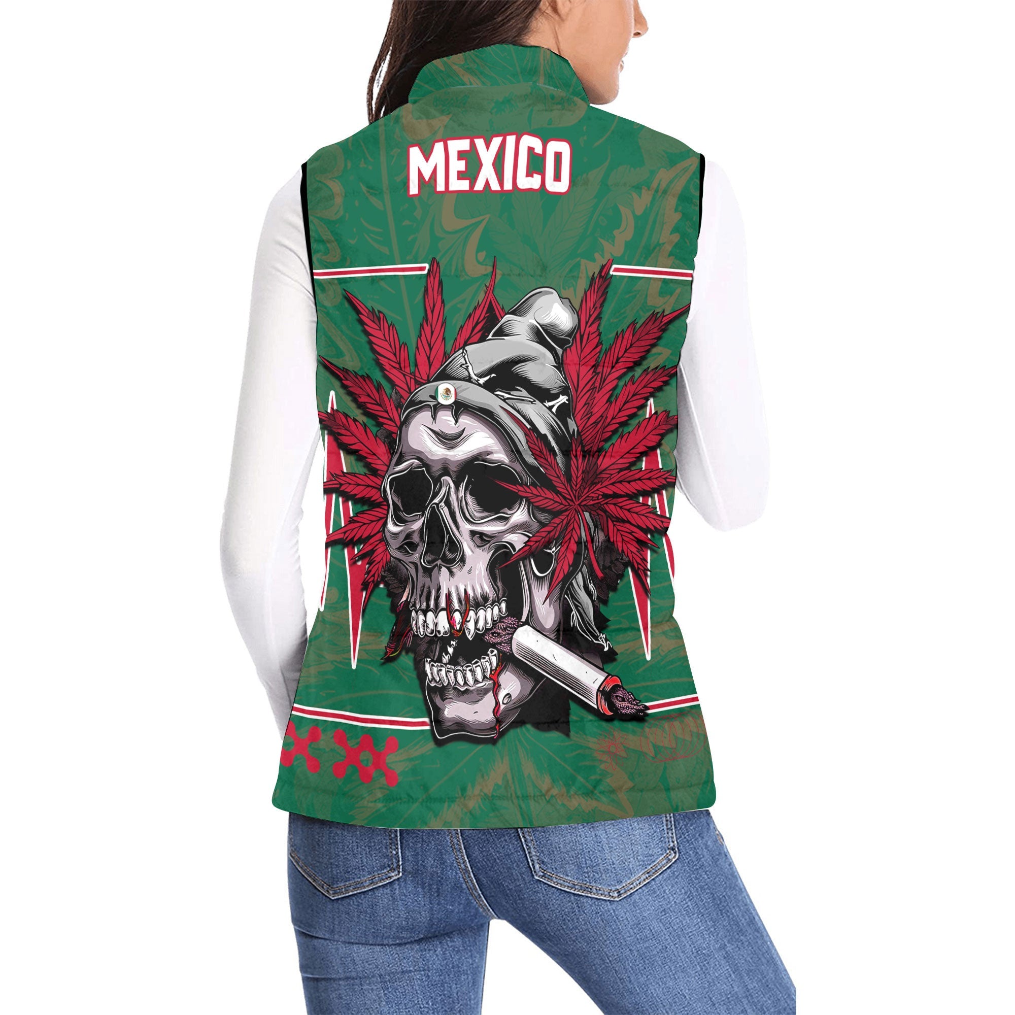 Mexico Women Padded Jacket Vest Flag & Coat Of Arms Marijuanas Style