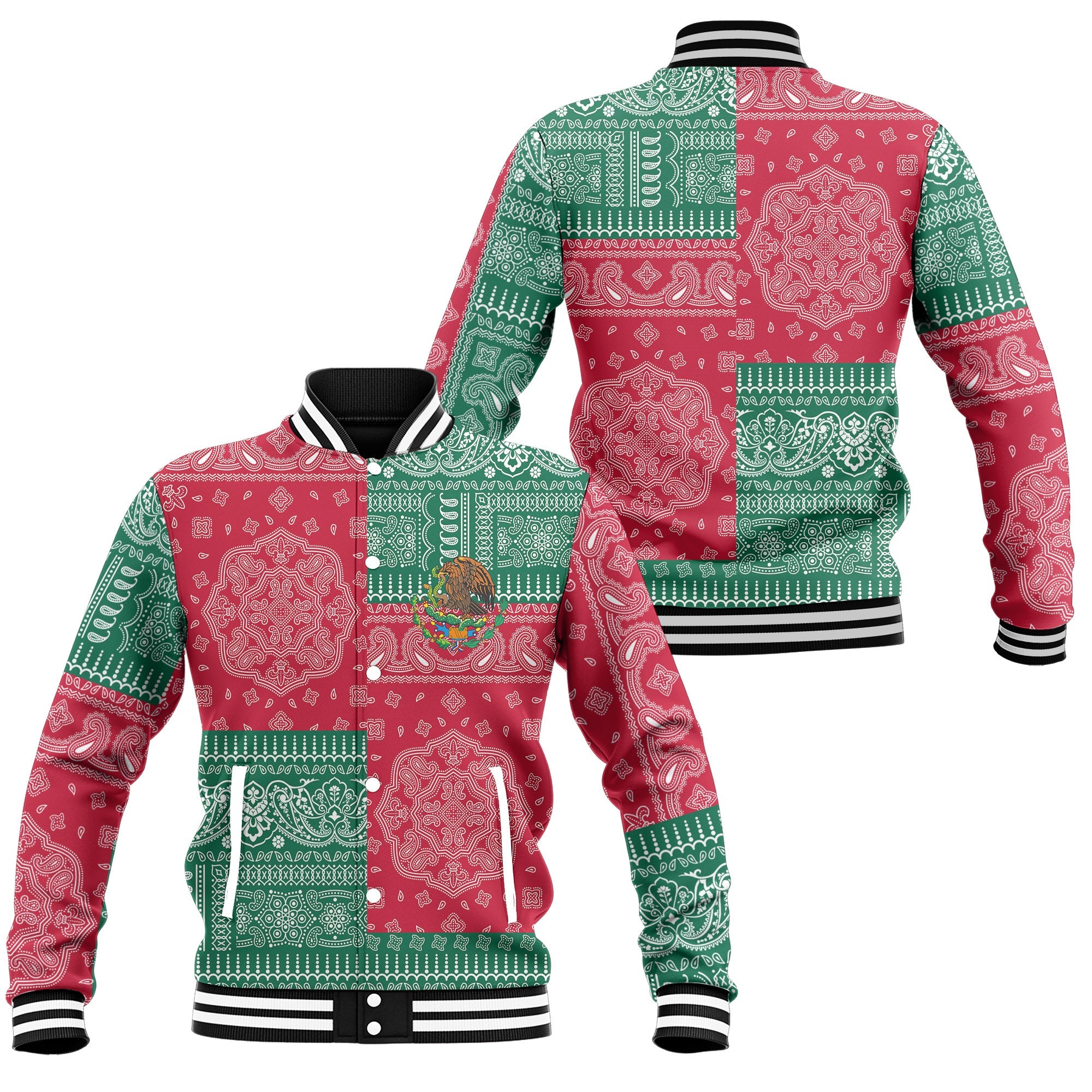 Mexico Baseball Jacket Flag And Paisley Basic Style 1