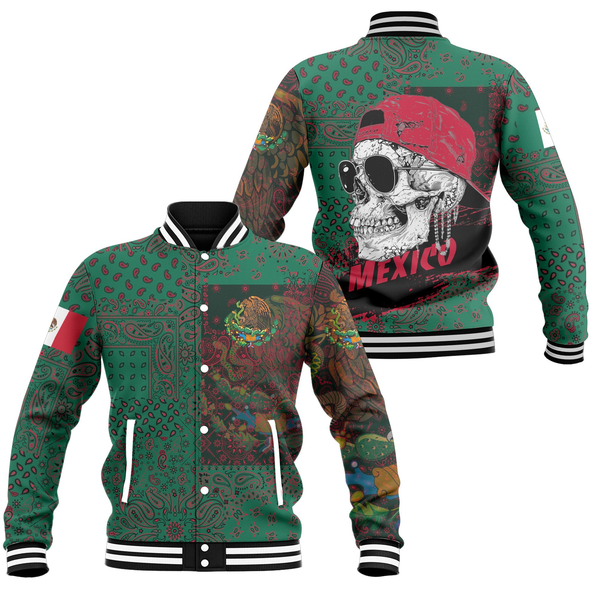 Mexico Baseball Jacket Paisley Flag And Skull Style 1